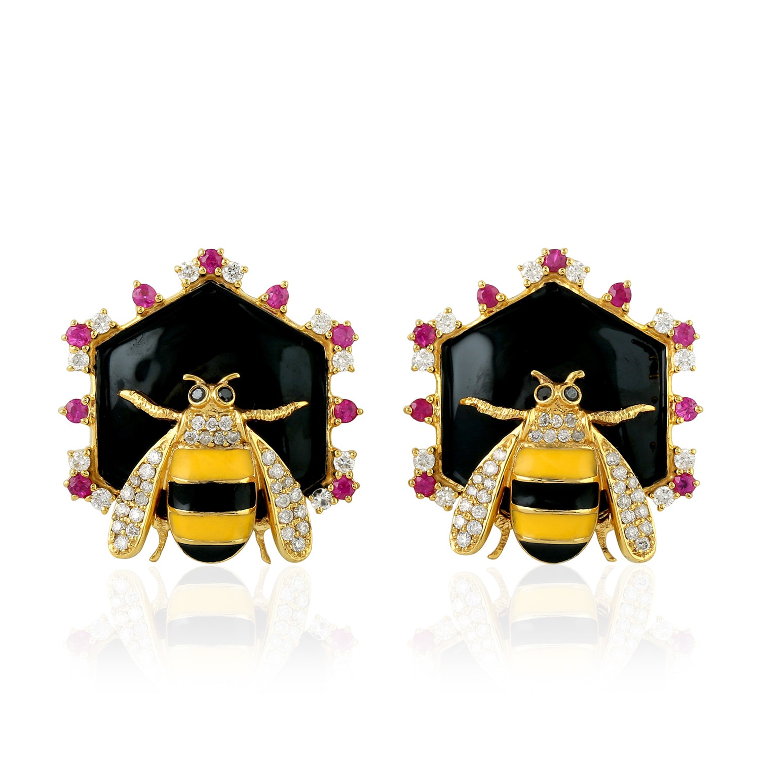 Women’s Gold / Red 18K Gold In Black & White Diamond With Ruby Honey Bee Hexagon Enamel Stud Earrings Artisan