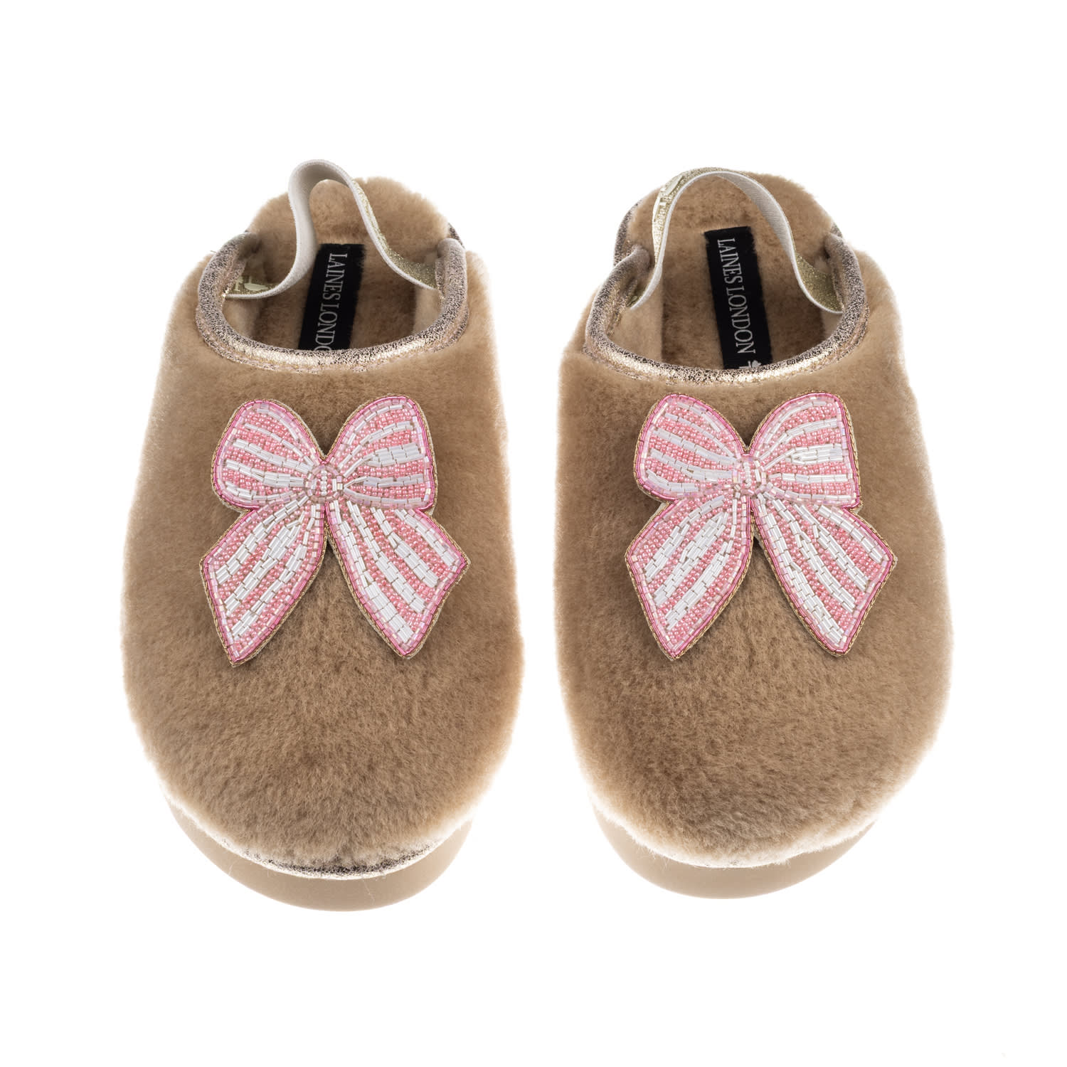 Laines London Women's Brown / Neutrals / Gold Flatform Cloud Slippers With Pink Stripe Bow Brooches - Toffee In Multi
