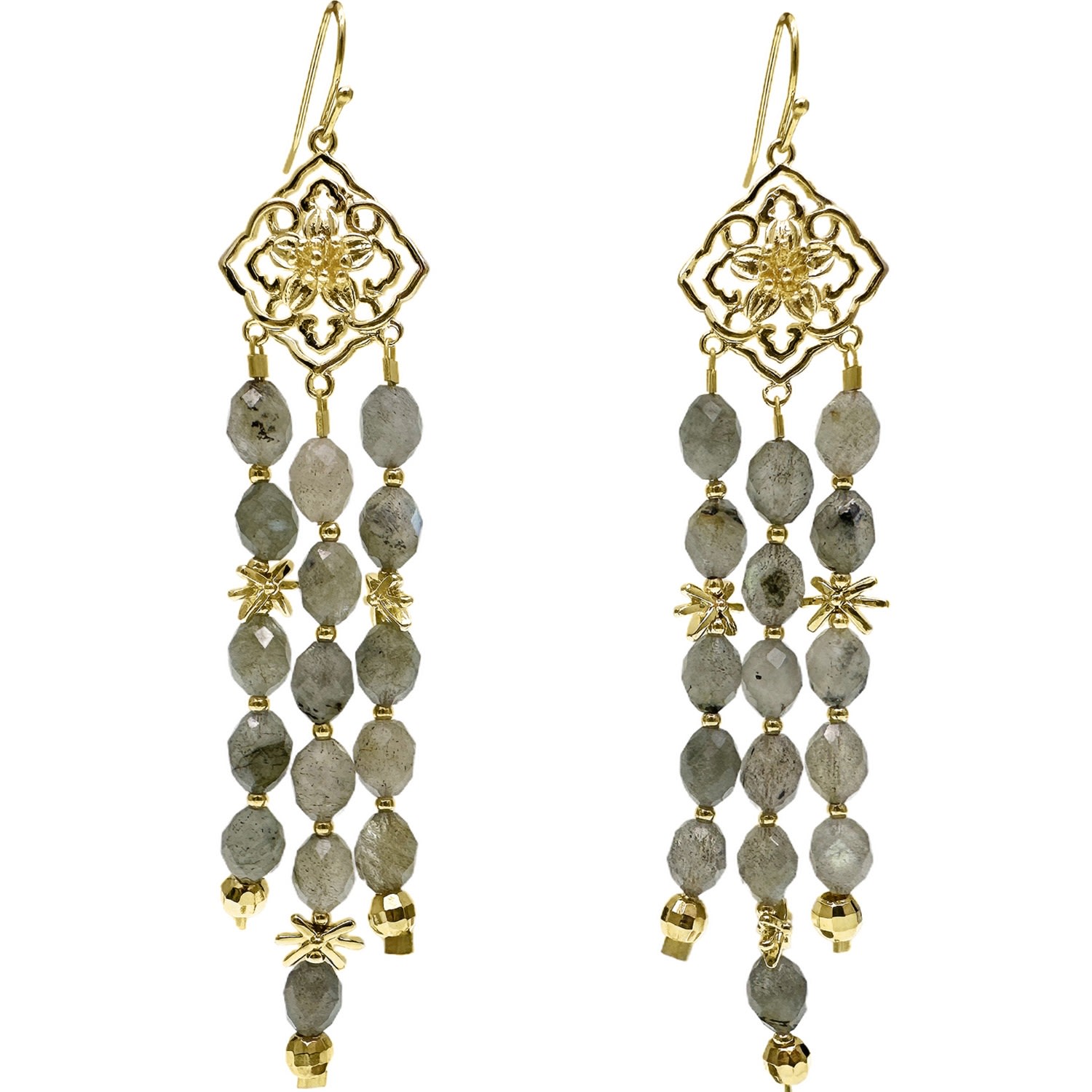Farra Women's Grey Bohemian Style Flower Frame With Labradorite Tassel Earrings In Gold