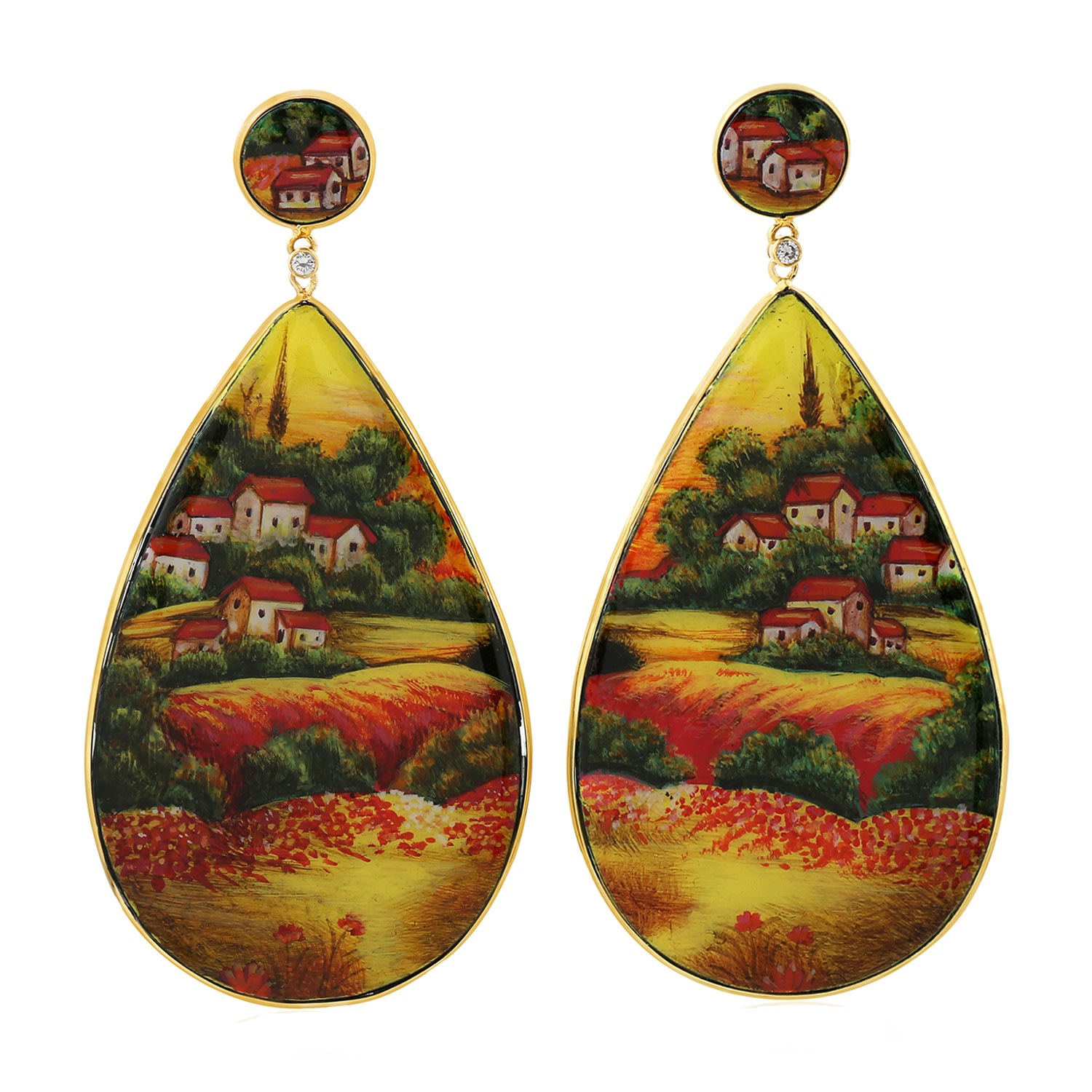 Artisan Women's Designer Picture Bakelite & Diamond Dangle Earrings In Yellow Gold In Multi