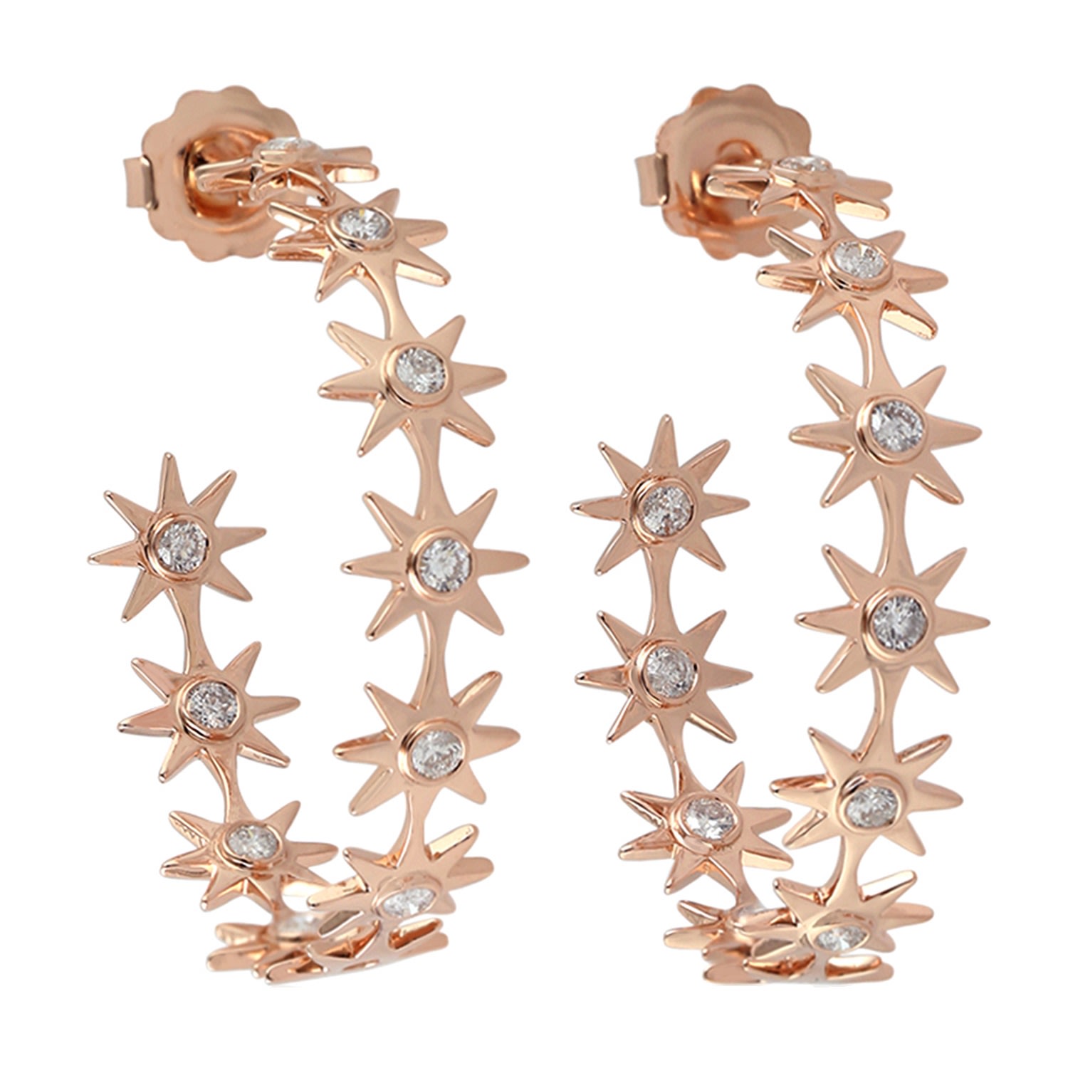 Women’s Natural Diamond Star Hoop Earrings 18K Rose Gold Handmade Jewelry Artisan