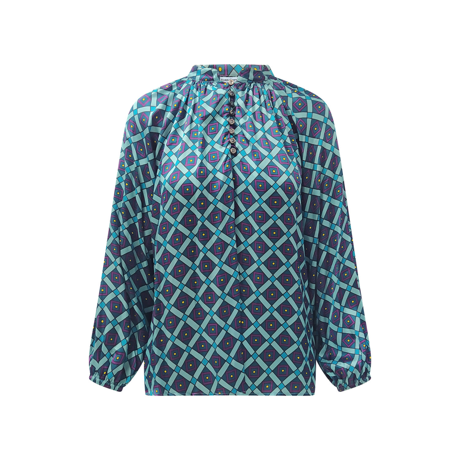 Women’s Blue Net Geometric Blouse With Buttons Small Haris Cotton