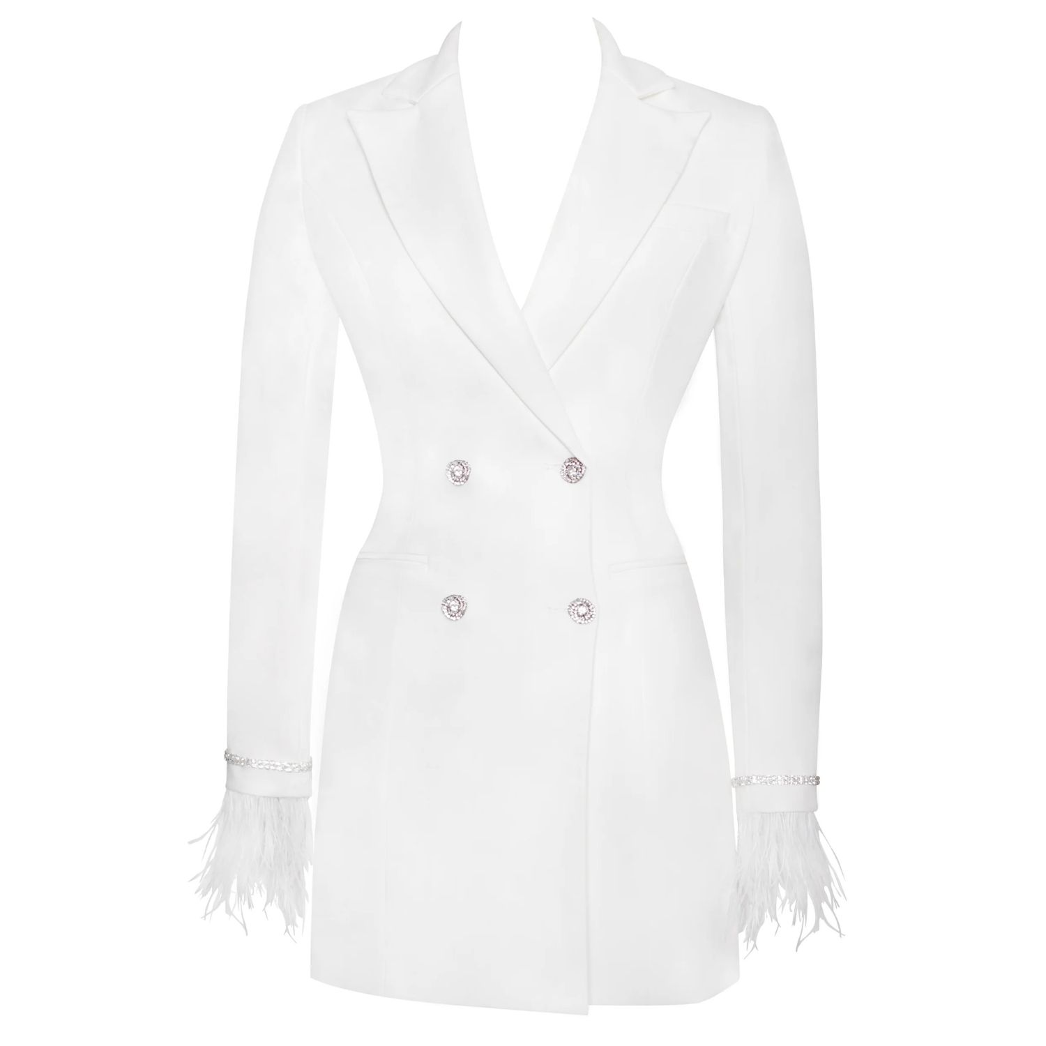Women's Quilla White Feather Crystal Sleeve Backless Blazer Dress | Large | Miss Circle New York