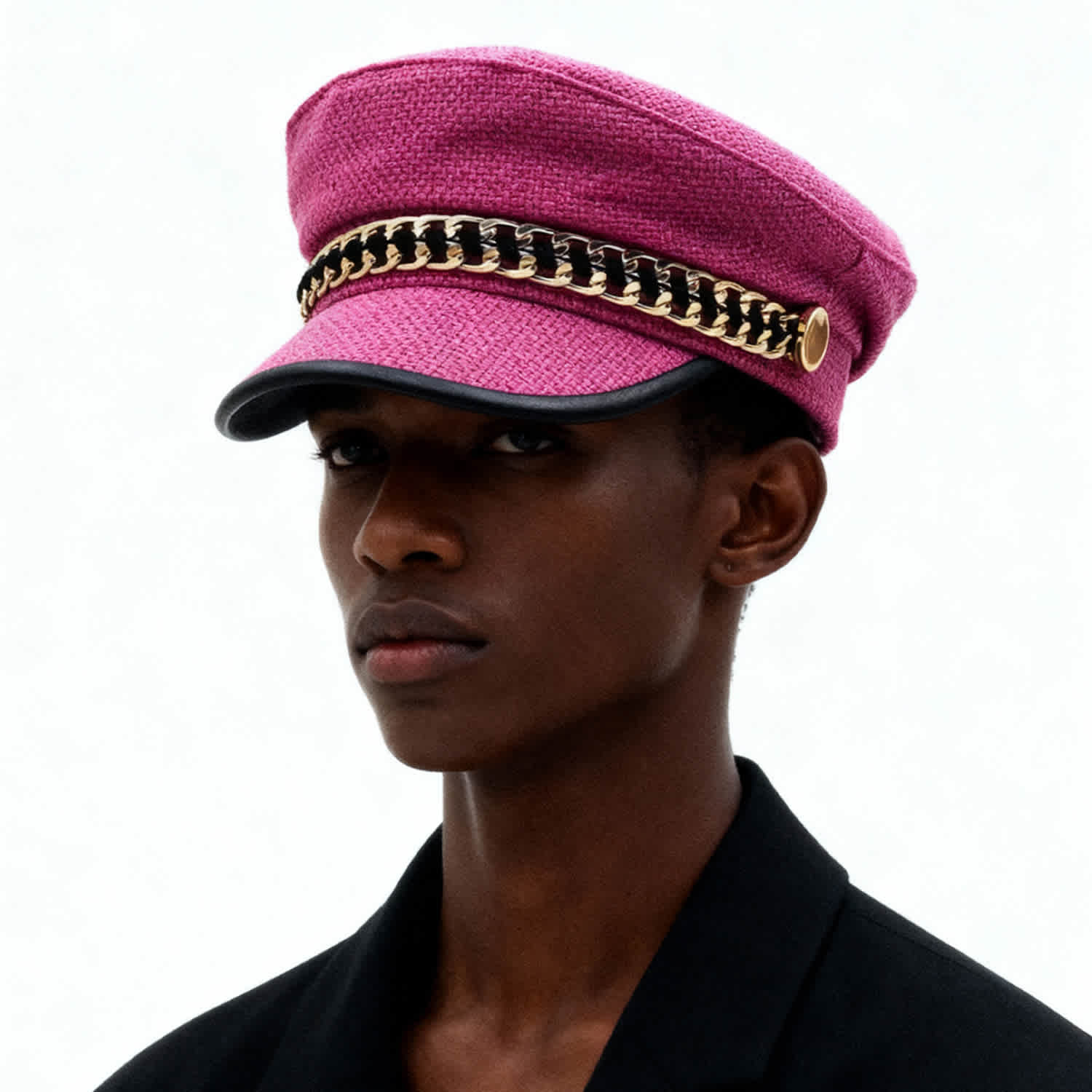 CHANEL Multicolor Tweed Baker Boy Cap with Black Patent Brim Braided Trim Tweed Black Baker Boy Hat | Chanel Joan Elkayam  main image 4