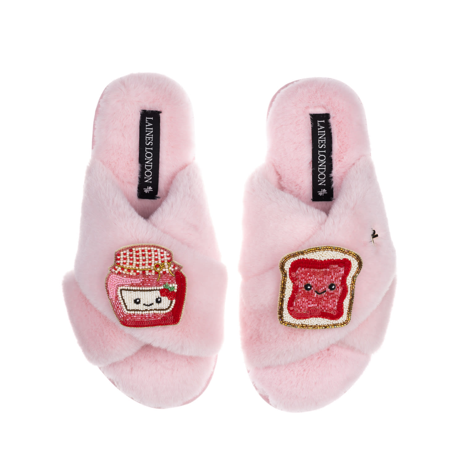 Women's Classic Slippers With Laines Lovables Jam & Toast Brooches - Pink | Medium | Laines London