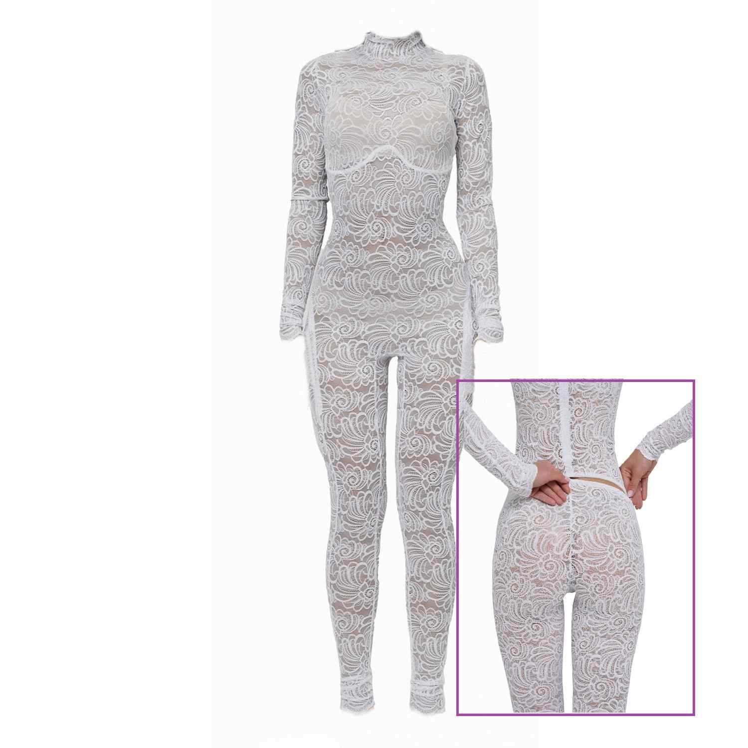 White Floral Lace Sheer Long Sleeve Turtleneck Full Bodysuit