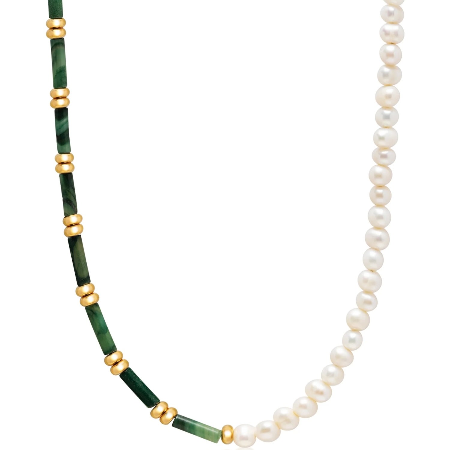 Nialaya Women's White / Green / Gold Beaded Necklace With Freshwater Pearls & Green Jade
