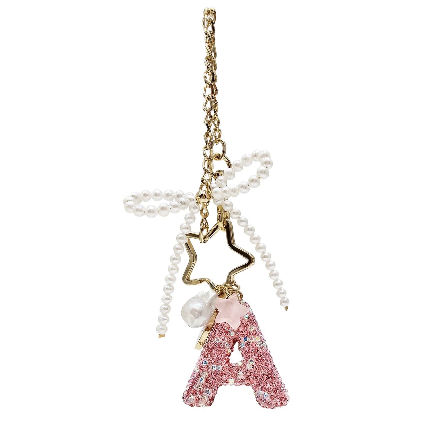 Farra Women's Pink Personalized Sparkling Rhinestone Initial Letter With Pearls Bag Charm