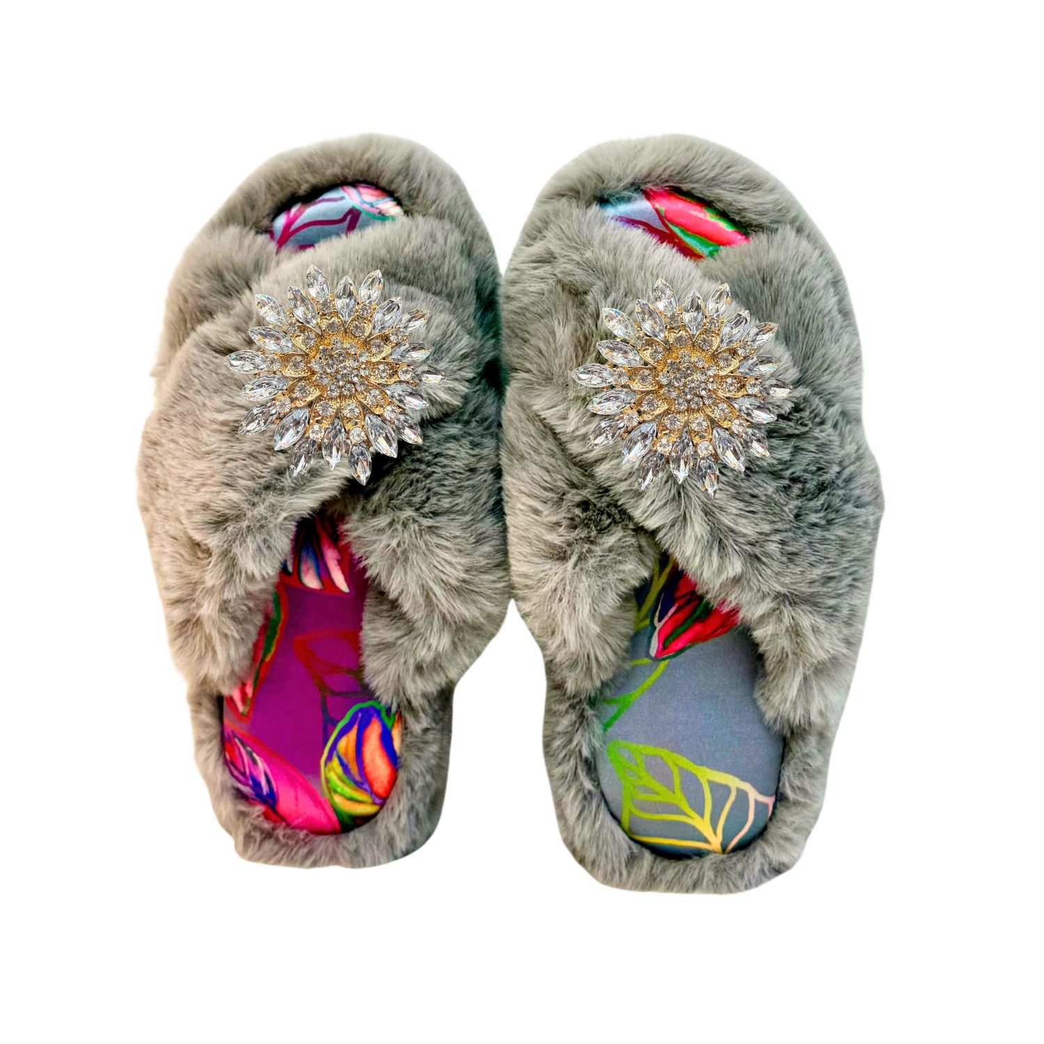 Yomisma Women's Grey Eco Faux Fur Slippers – Tropical Insole + Clear Brooch In Multi