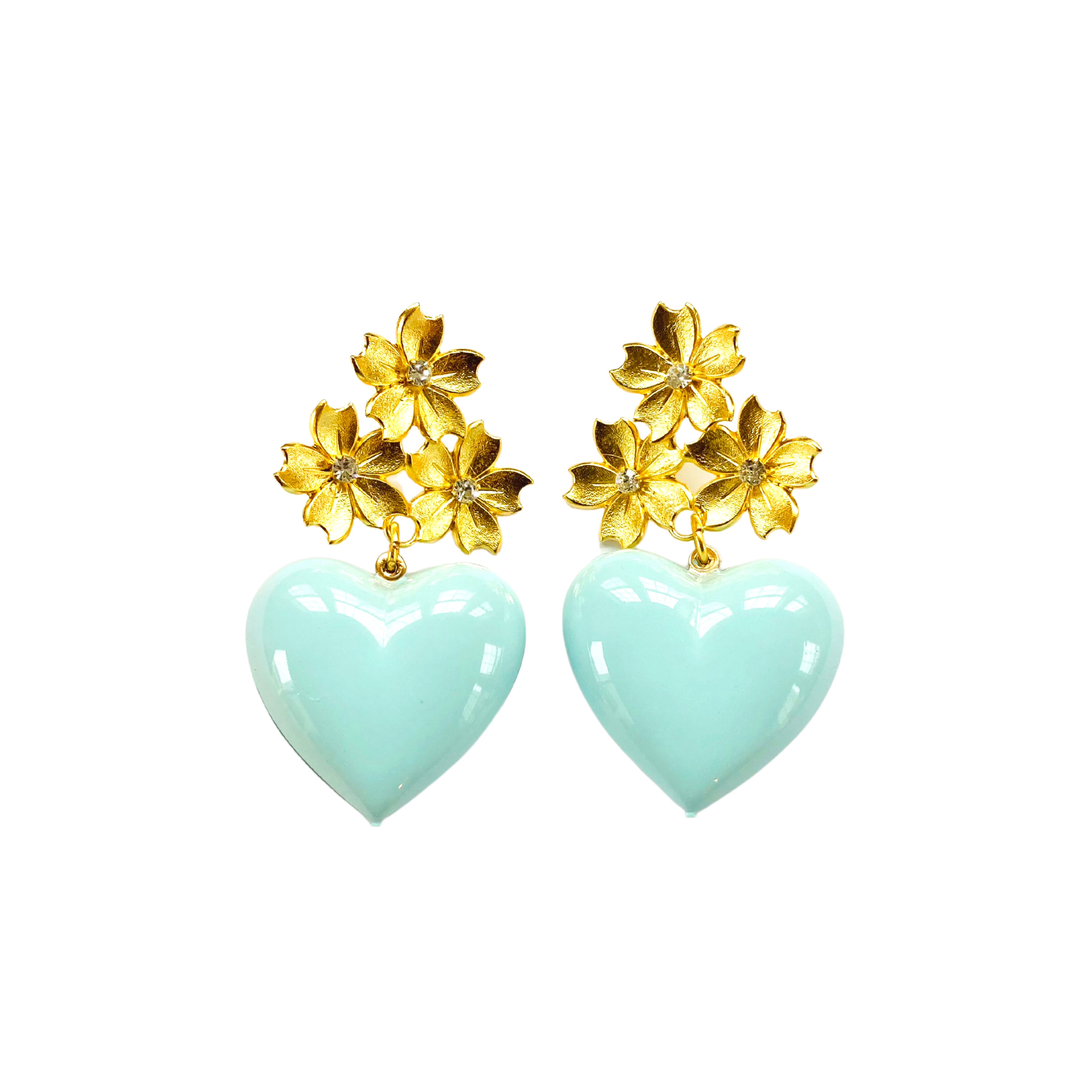 The Pink Reef Women's Short Golden Floral Baby Blue Heart Earrings