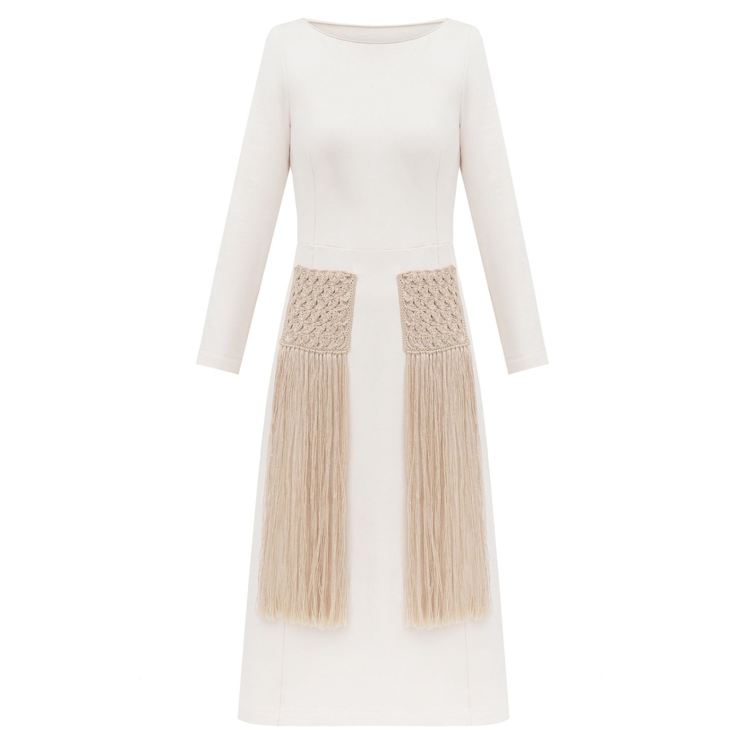 Women’s Neutrals / White Organic Cotton Midi Dress With Hand Knitted Ramie Pockets And Fringing Small Pure One