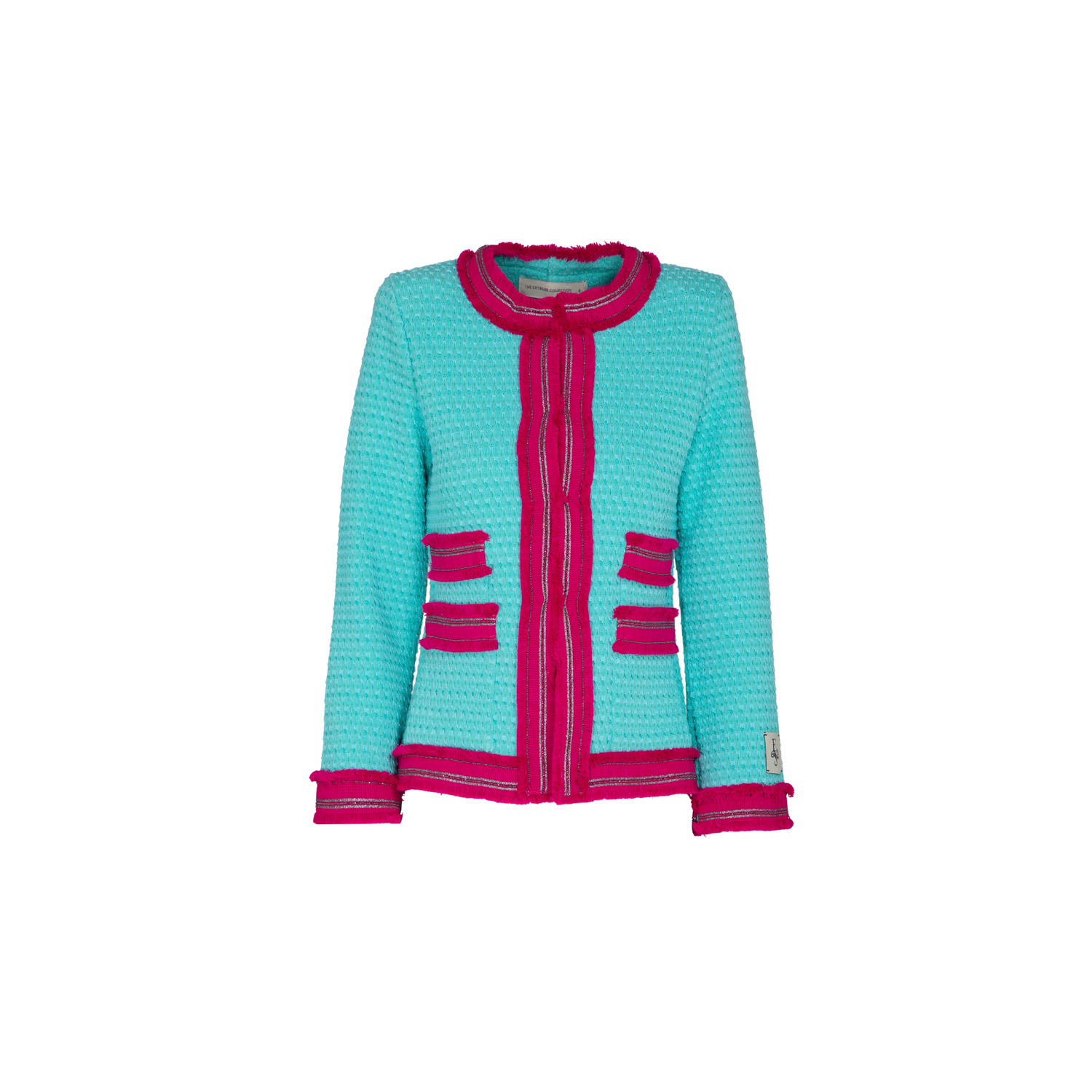 The Extreme Collection Women's Sky Blue Textured Jacket With Magenta Frayed Trim And Pocket Accents Coty In Blue