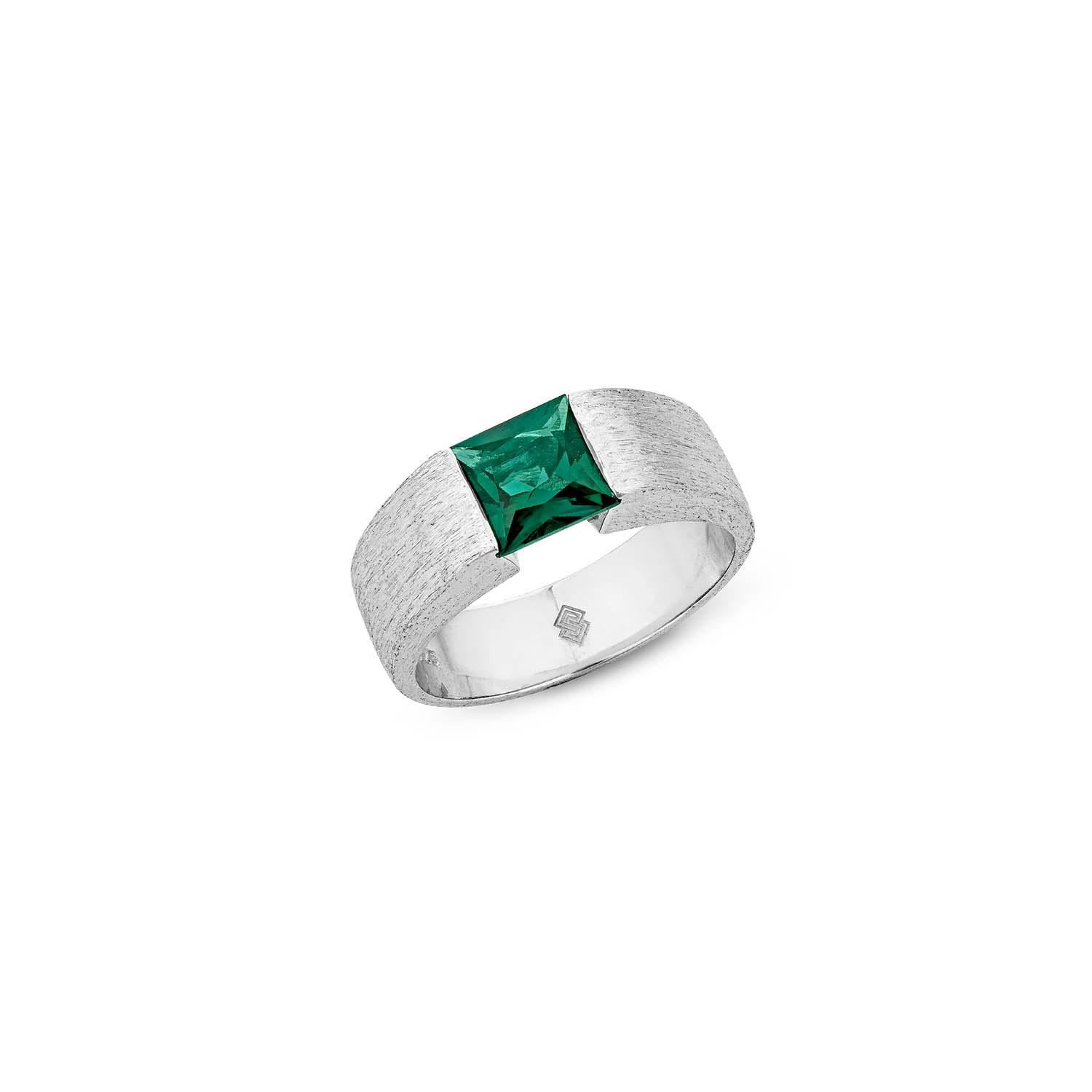 Sally Skoufis Men's Silver / Green Anima Ring With Natural Emerald In Brushed Sterling Silver In Multi