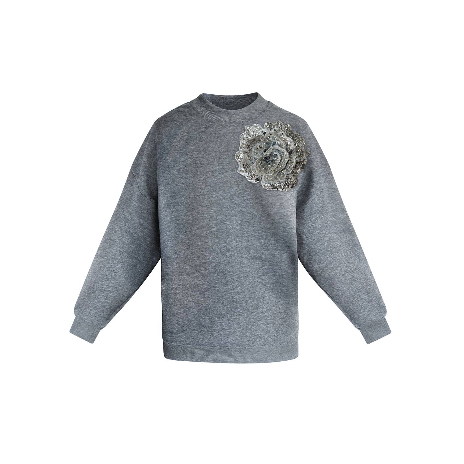 Toma Women's Grey / Silver Sweatshirt With Top Side Silver Sequin Rose In Gray