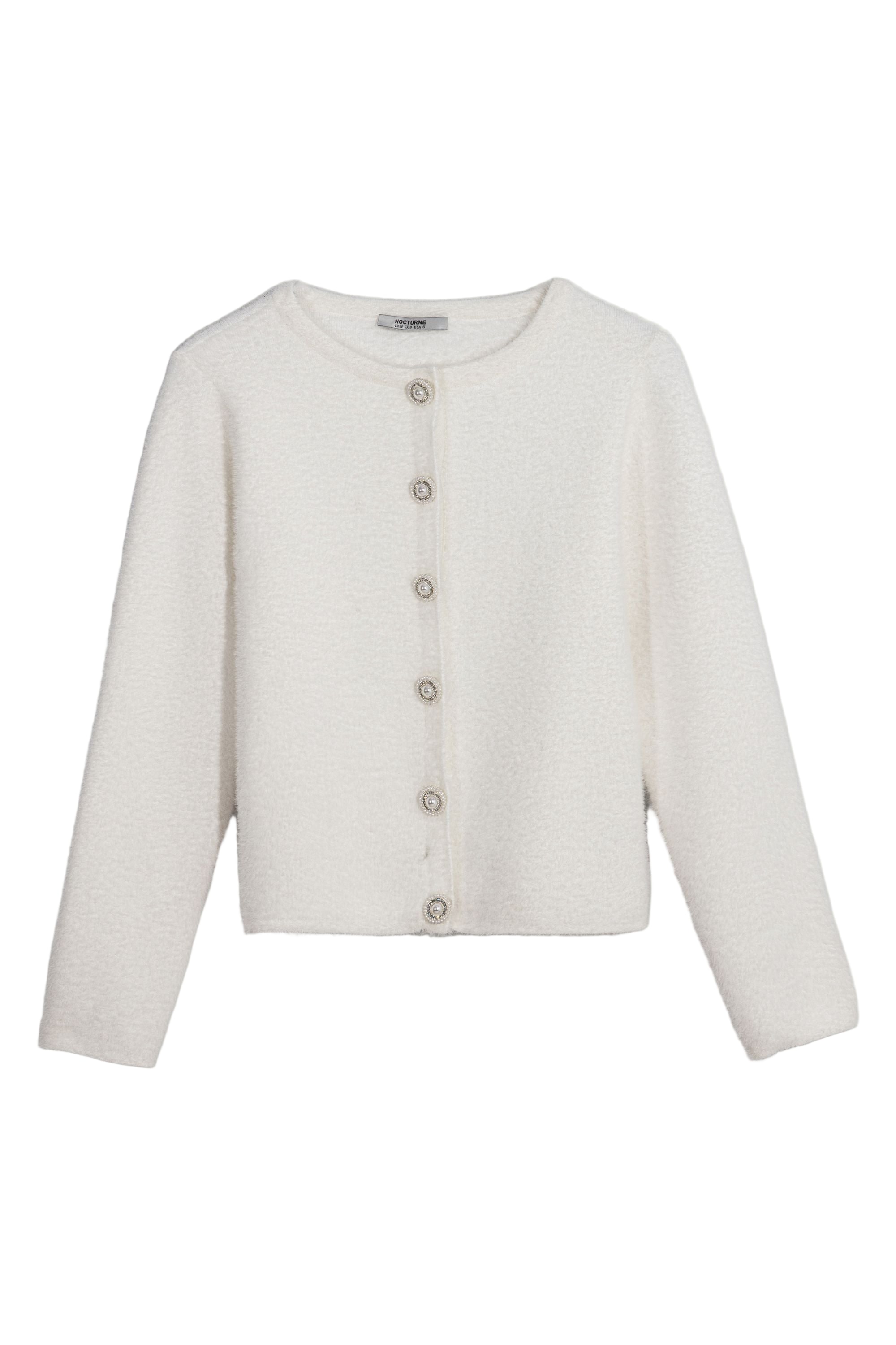 Nocturne Women's White Cropped Pearl-button Crewneck Cardigan