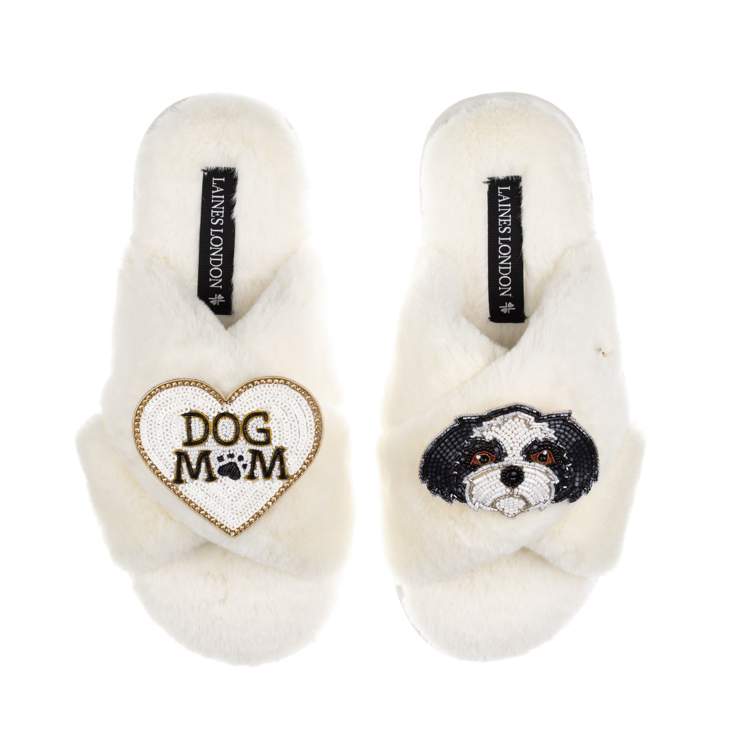 Laines London Women's Neutrals / White Classic Laines Slippers With Dog Mum / Mom & Black & White Shih Tzu Brooche In White