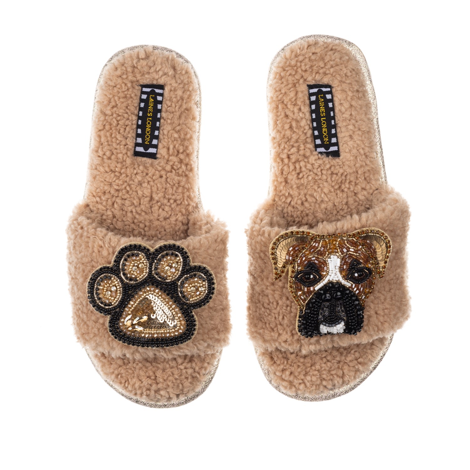 Women’s Brown Teddy Towelling Slipper Sliders With Pip The Boxer & Paw Brooches - Toffee Large Laines London