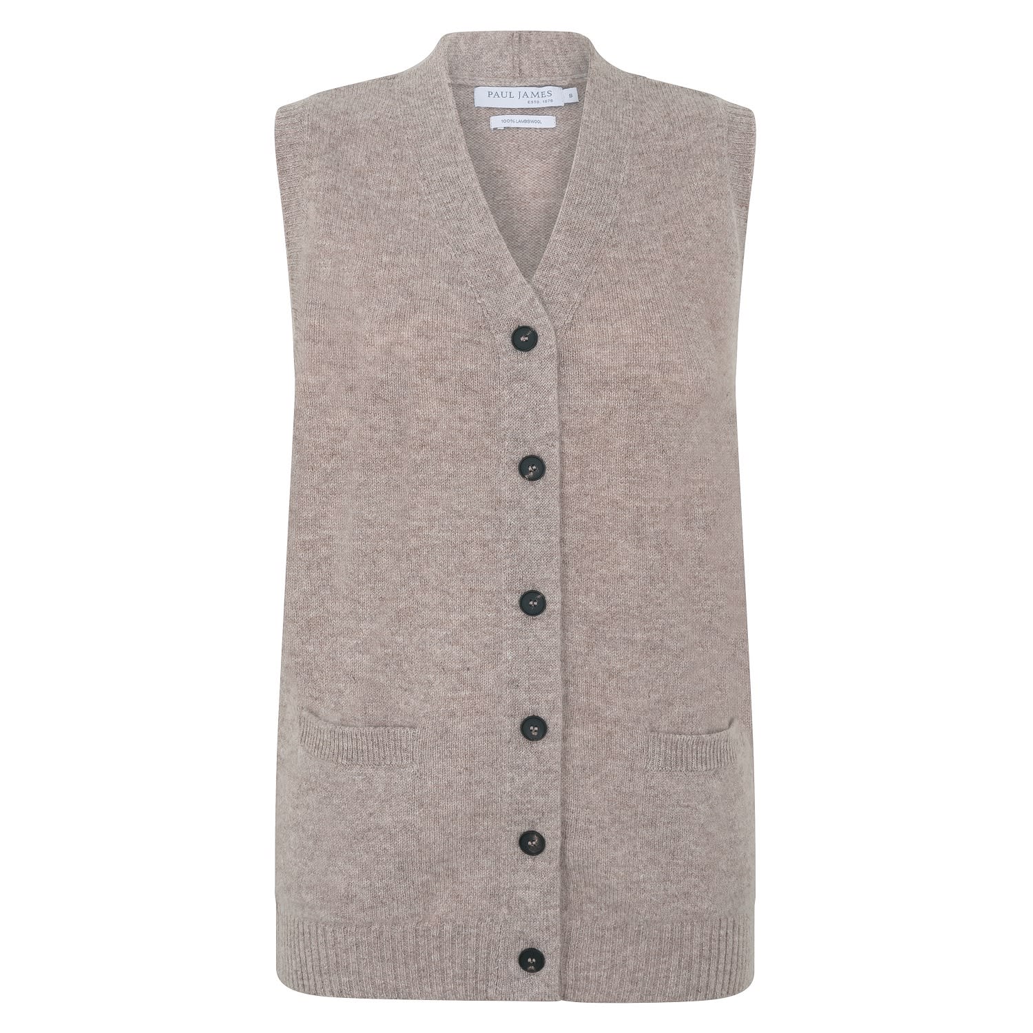 Paul James Knitwear Gold / Brown Womens Lambswool Laura V Neck Waistcoat With Pockets - Cobble