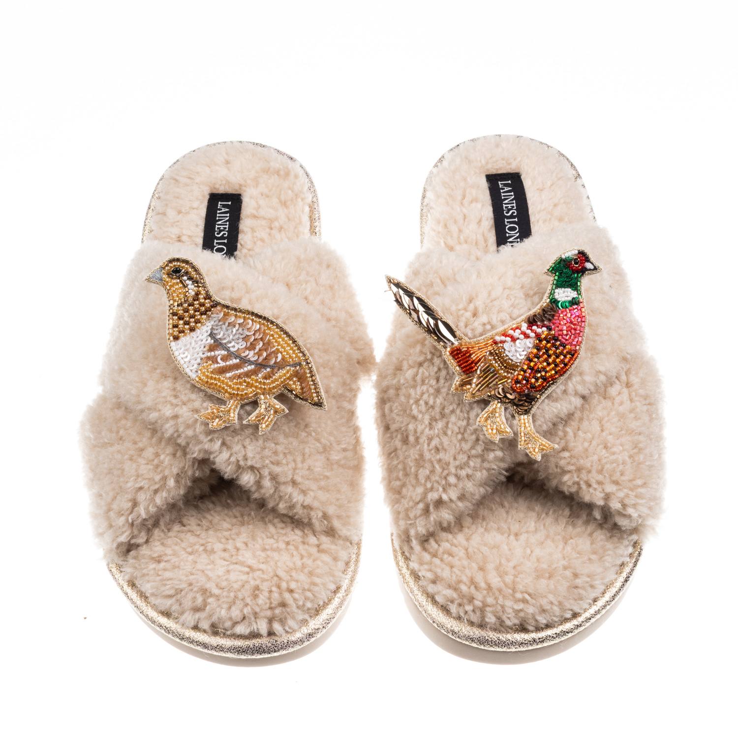 Laines London Women's Brown / Neutrals Laines Neutral Boucle Slippers With Pheasant & Hen Brooches - Oatmeal In Brown