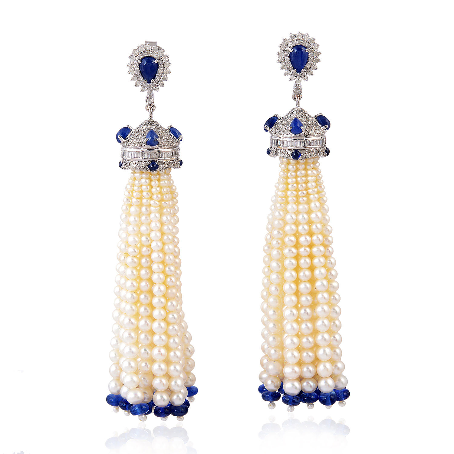 Women’s Diamond 18K Gold 925 Sterling Silver Sapphire Beaded Tassel Earrings Pearl Artisan