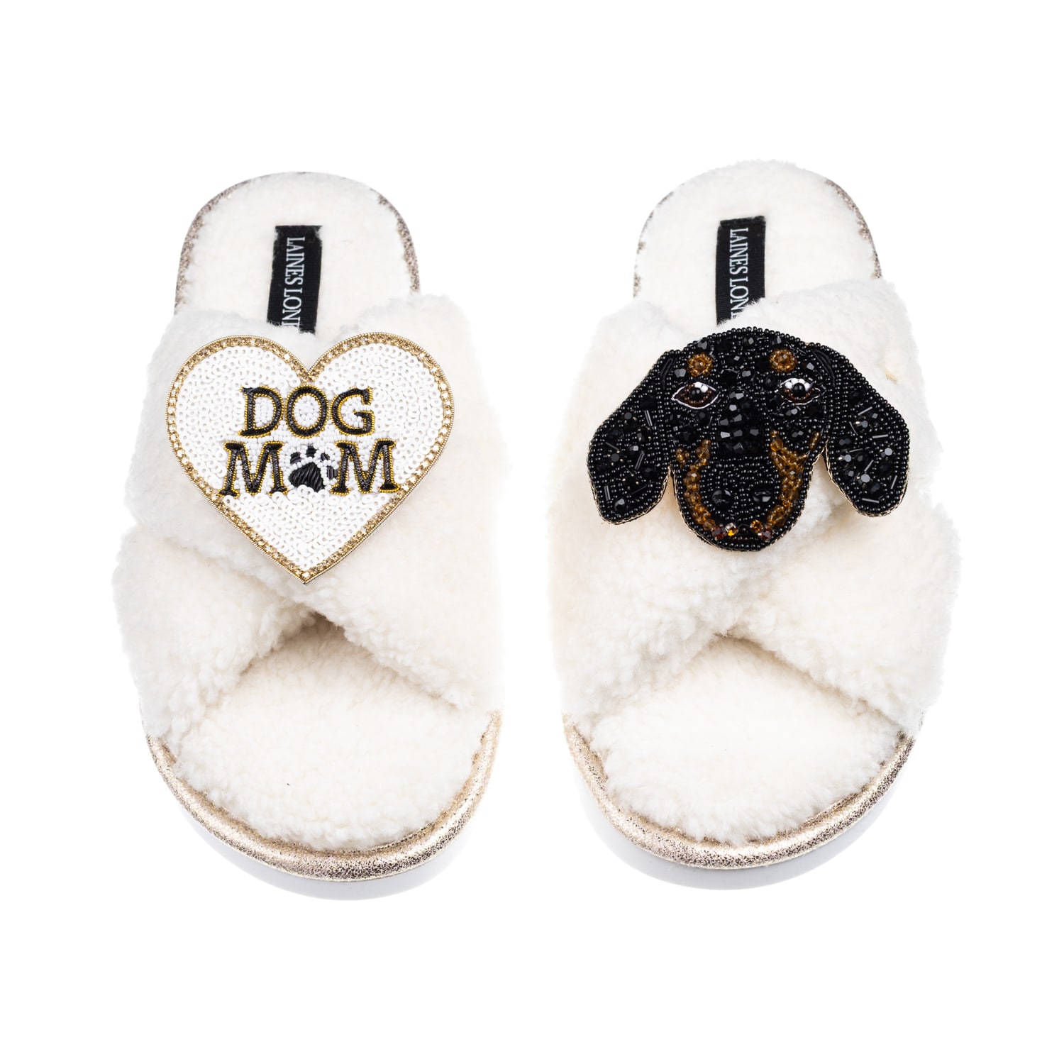 Laines London Women's Neutrals / White Laines Neutral Boucle Slippers With Little Sausage & Dog Mum / Mom Brooches