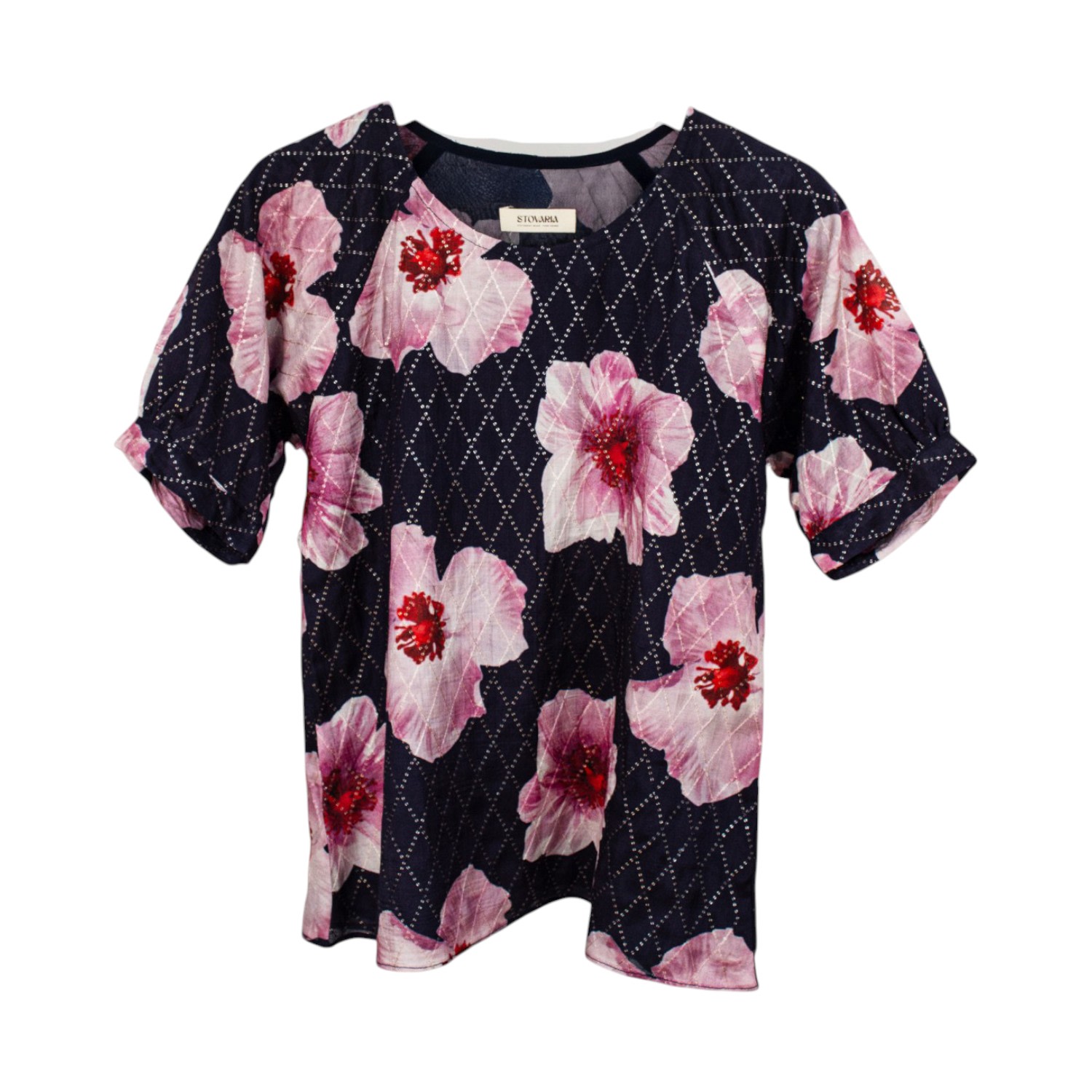 Stovaria Women's Blue / Pink Mulmul Silk Top – Soft Floral Print With Zari Stitch Detail In Multi