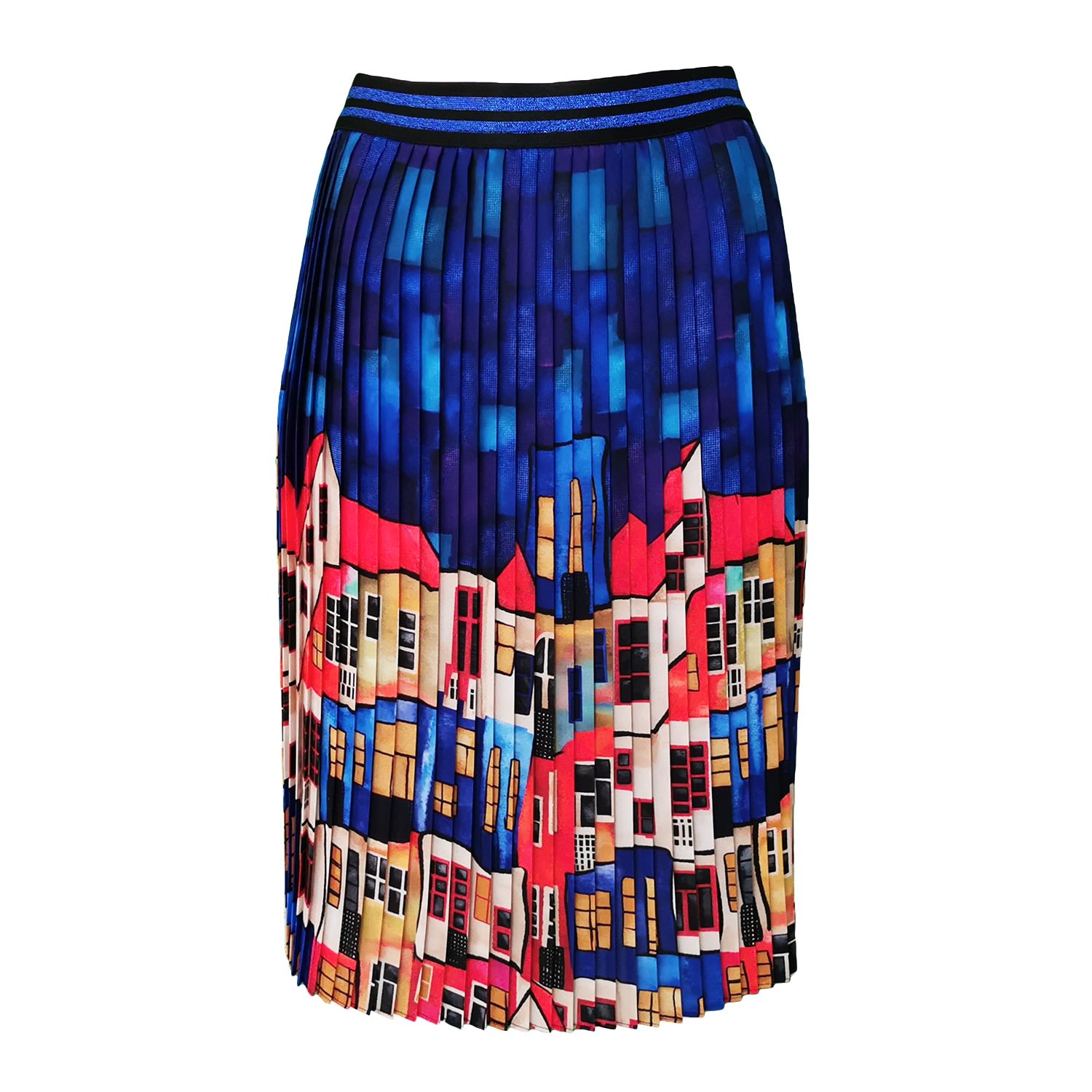 Lalipop Design Women's Multi-color Pleated Midi Skirt With House Pattern In Blue