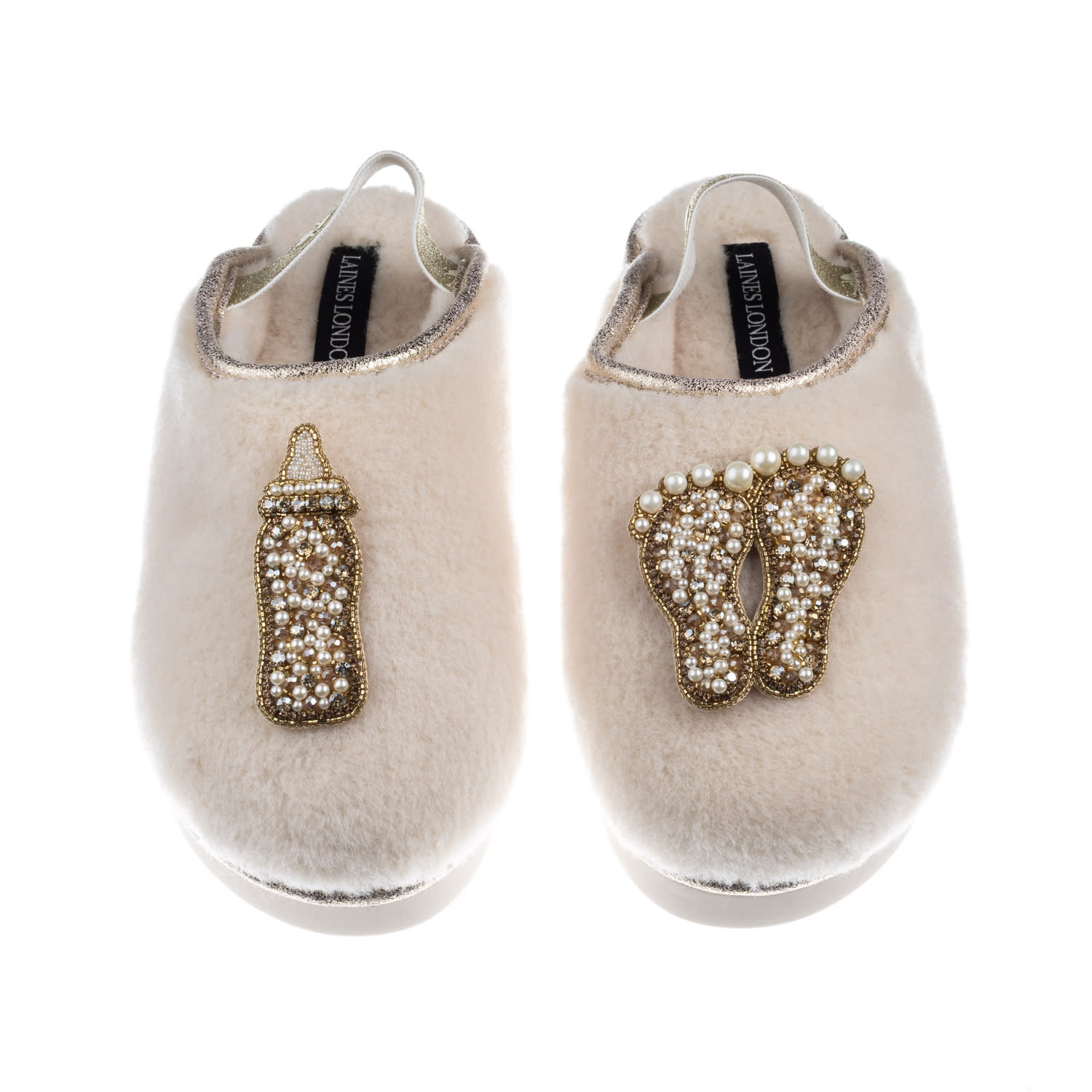 Laines London Women's Gold / Neutrals / White Flatform Cloud Slippers With Gold New Baby Brooches - Cream