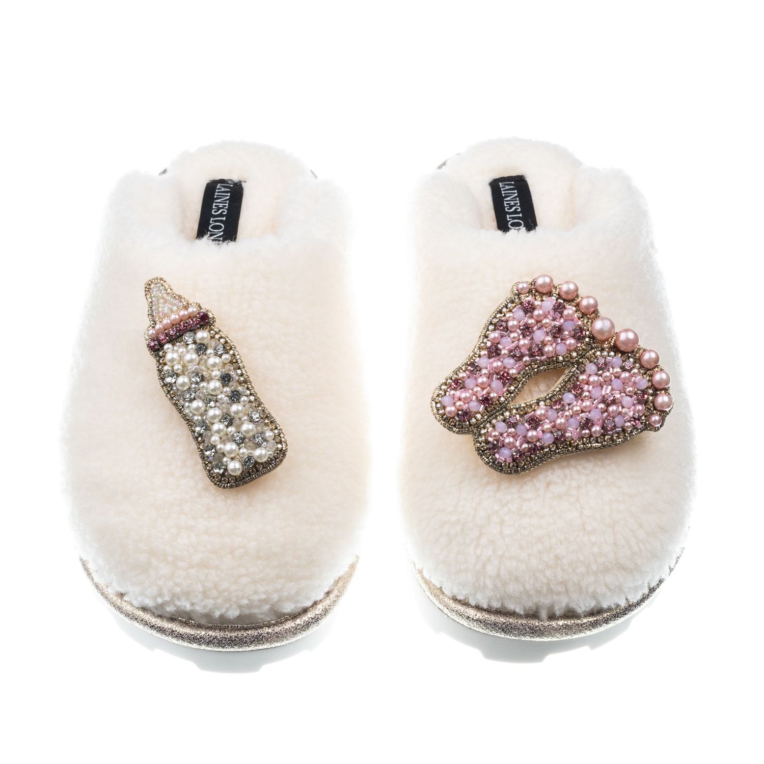 Laines London Women's White Teddy Closed Toe Slippers With Baby Girl Brooches - Cream