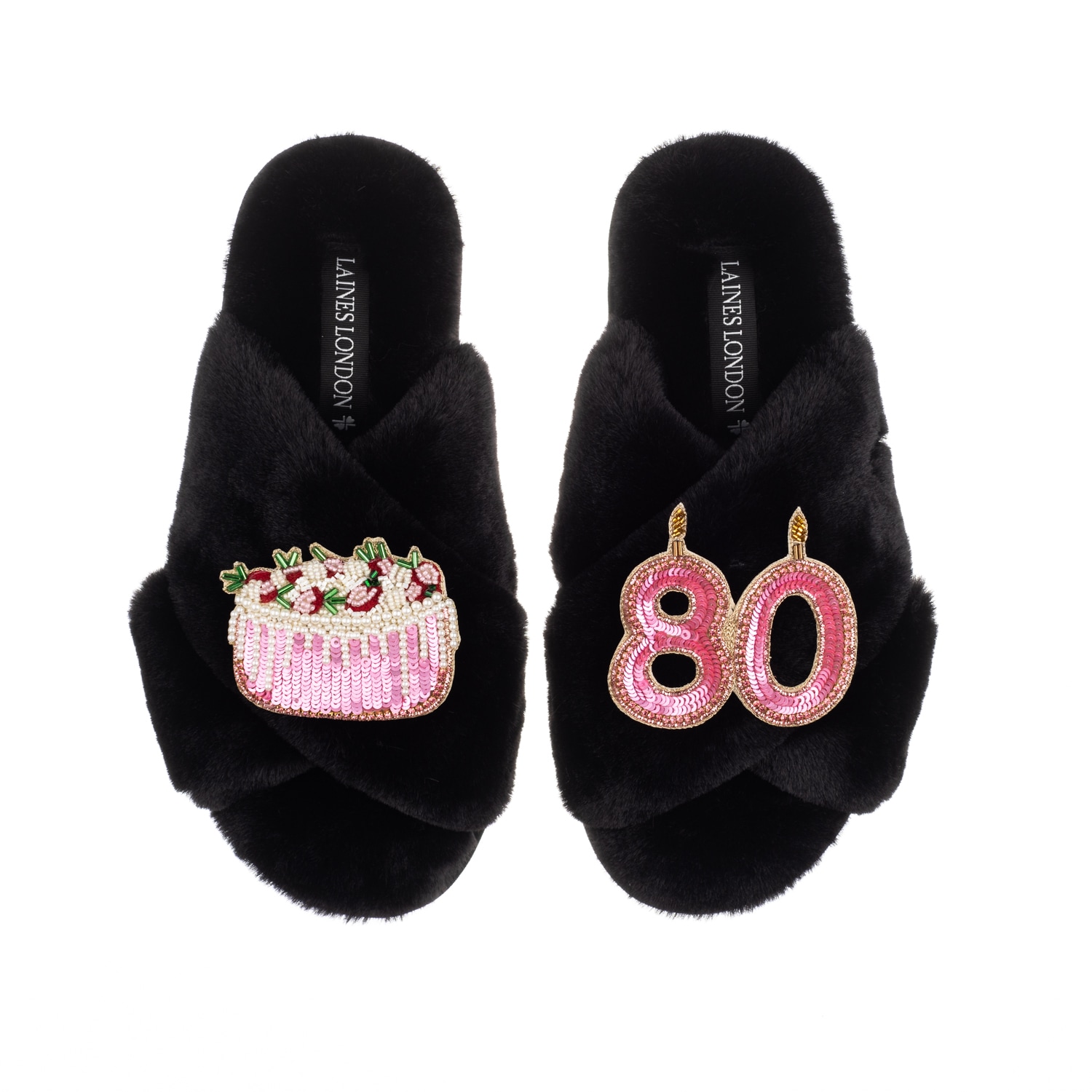 Laines London Women's Classic Laines Slippers With 80th Birthday & Cake Brooches - Black In Black