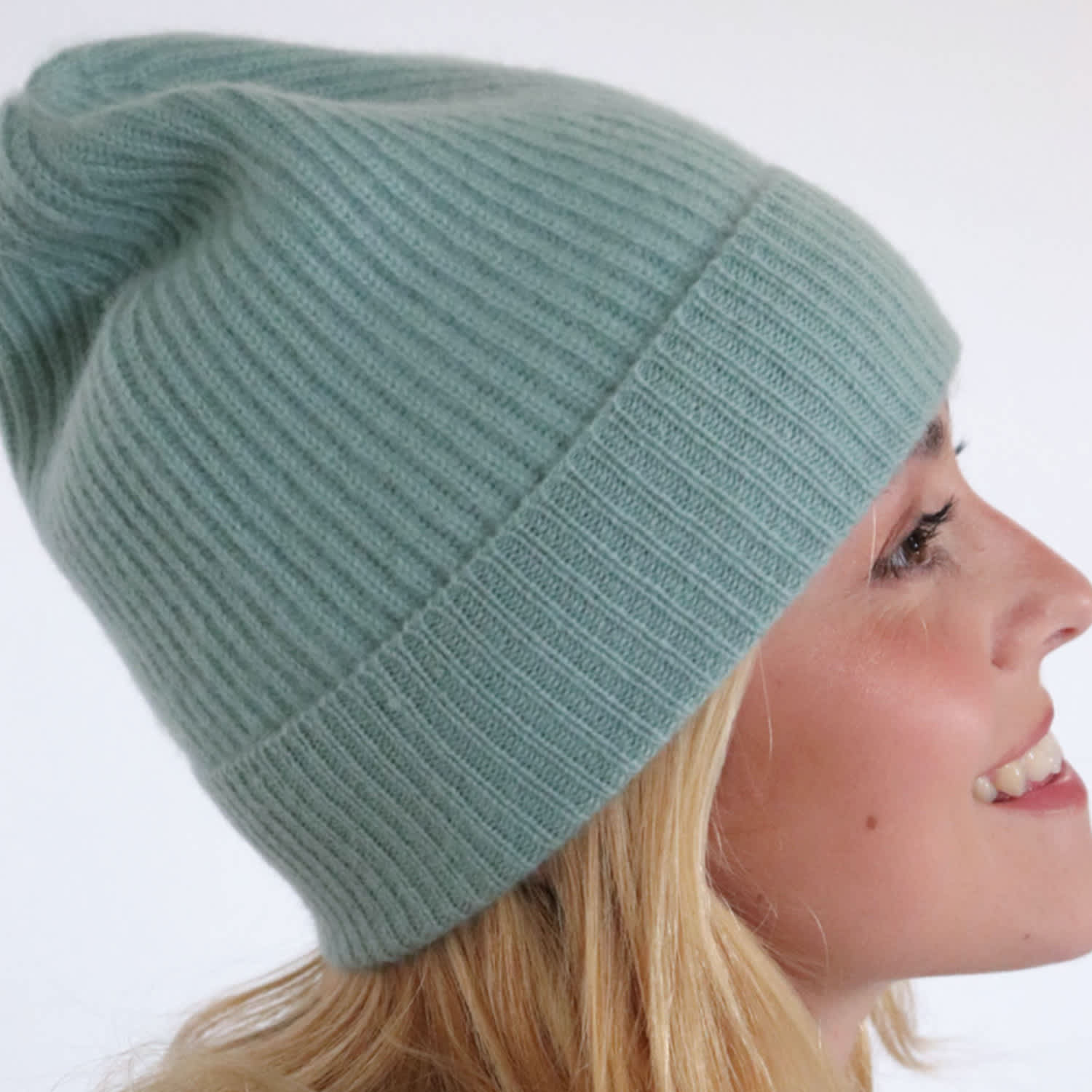 Milan Cashmere English Rib Turn-Up Beanie In Aqua Green | CHEEKY