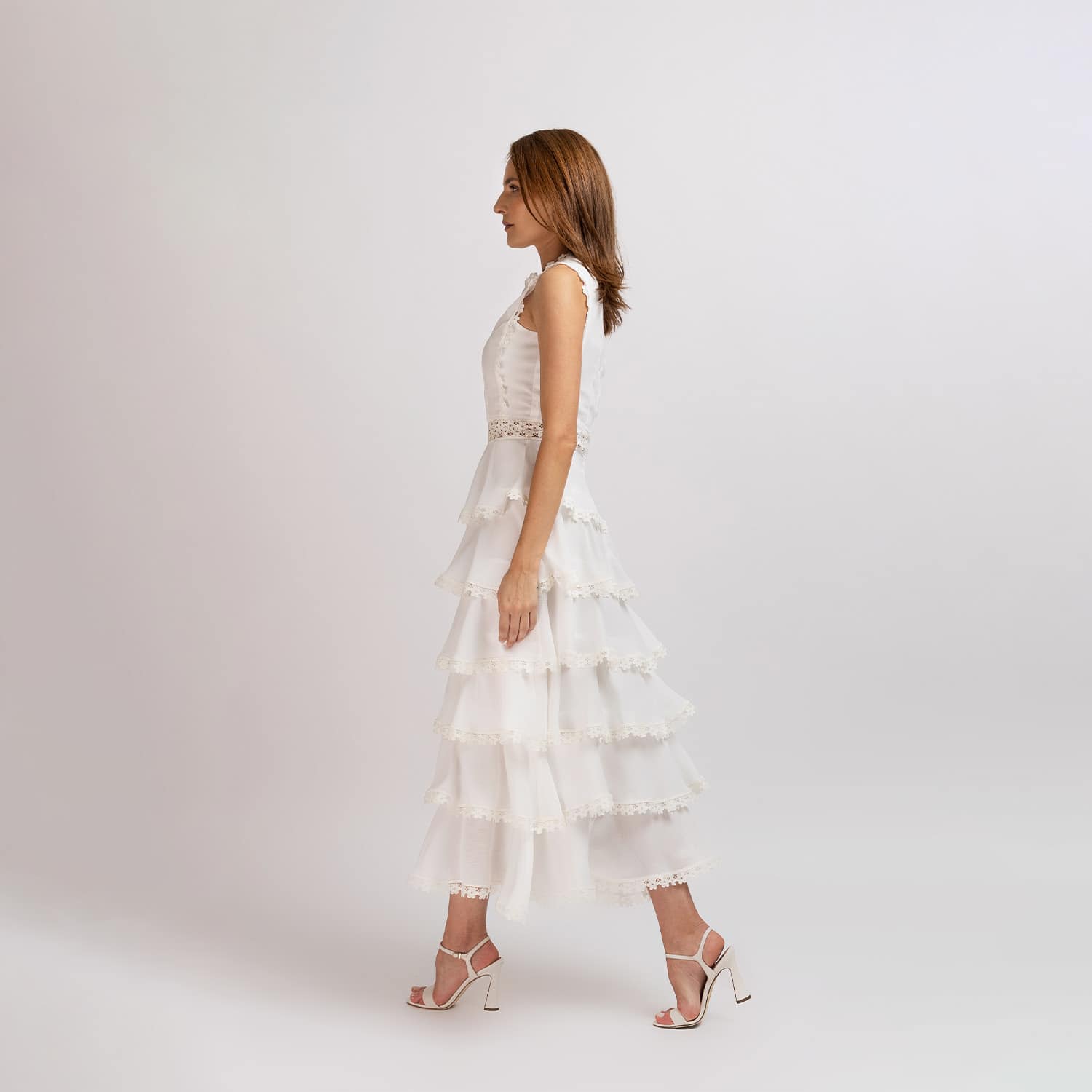 Long White Ruffle Dress With Lace And Floral Motif | IZABELA MANDOIU | Wolf  & Badger
