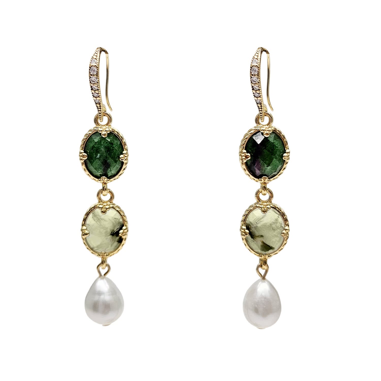 Farra Women's Green Gemstone With White Pearls Dangle Earrings