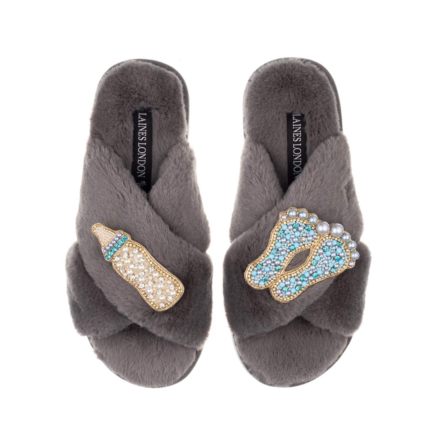 Laines London Women's Classic Laines Slippers With New Baby Boy Brooches - Grey In Grey