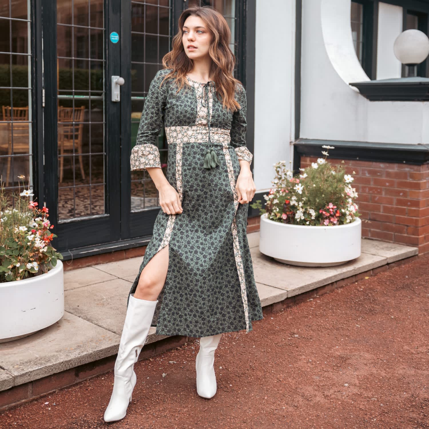 green emerald velvet dress Amina Midi Dress in Green City Floral Olive main image 0
