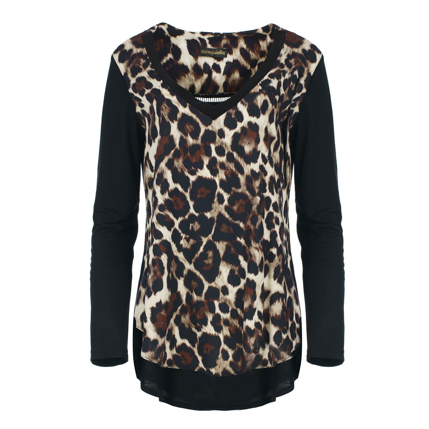 Conquista Women's Black Chic Animal Print Top With Tencel Jersey Back