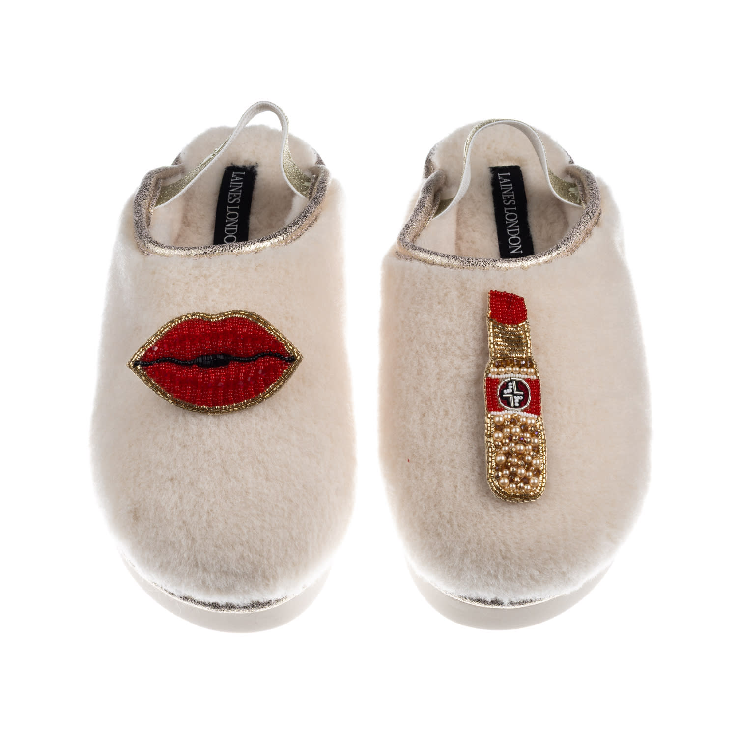 Laines London Women's Neutrals / Gold / White Flatform Cloud Slippers With Red Lips & Lipstick Brooches - Cream In Multi