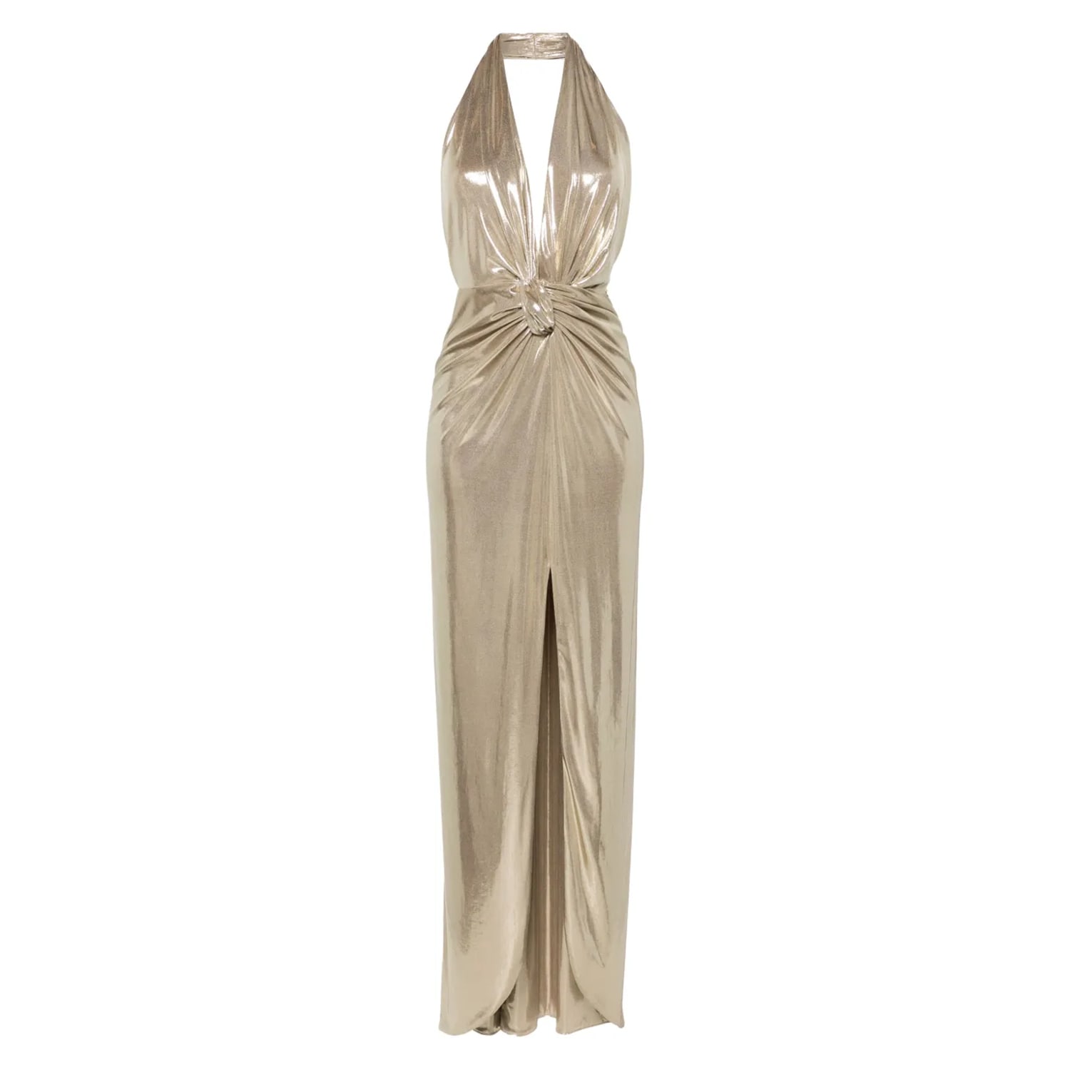 Nissa Backless High-shine Maxi Dress In Gold