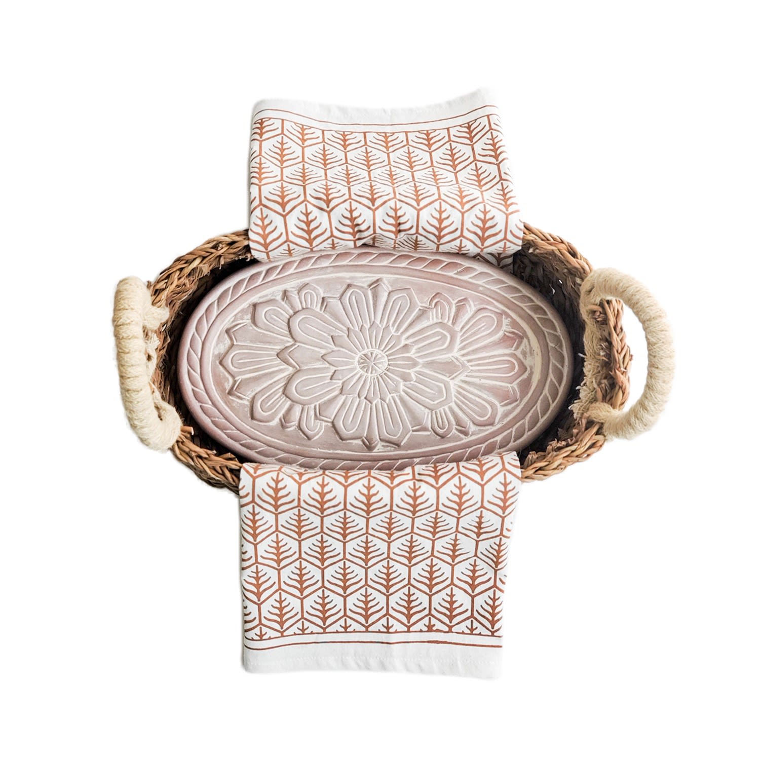 Korissa Bread Warmer & Basket Gift Set With Light Brown Tea Towel - Flower