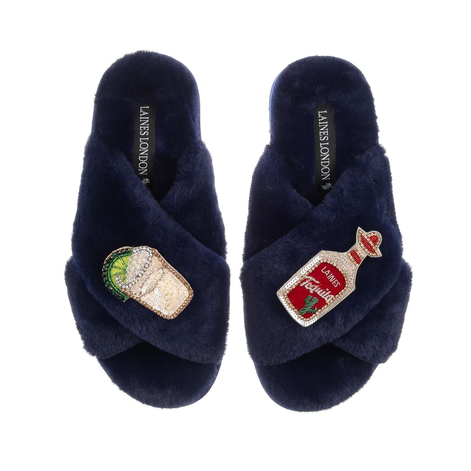 Laines London Women's Blue Classic Laines Slippers With Laines Tequila Slammer Brooches - Navy In Blue