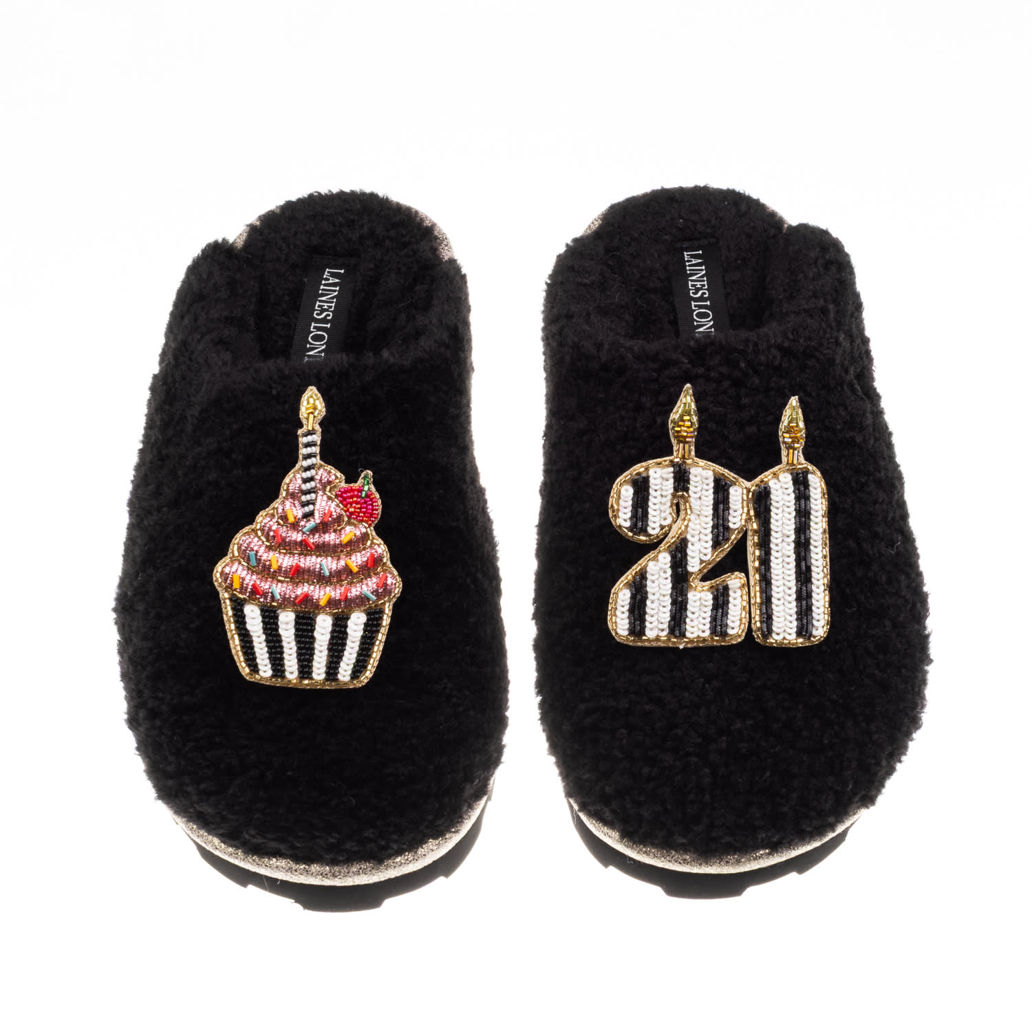 Laines London Women's Black Teddy Closed Toe Slippers With Stripe 21st Birthday & Cake Brooches In Black