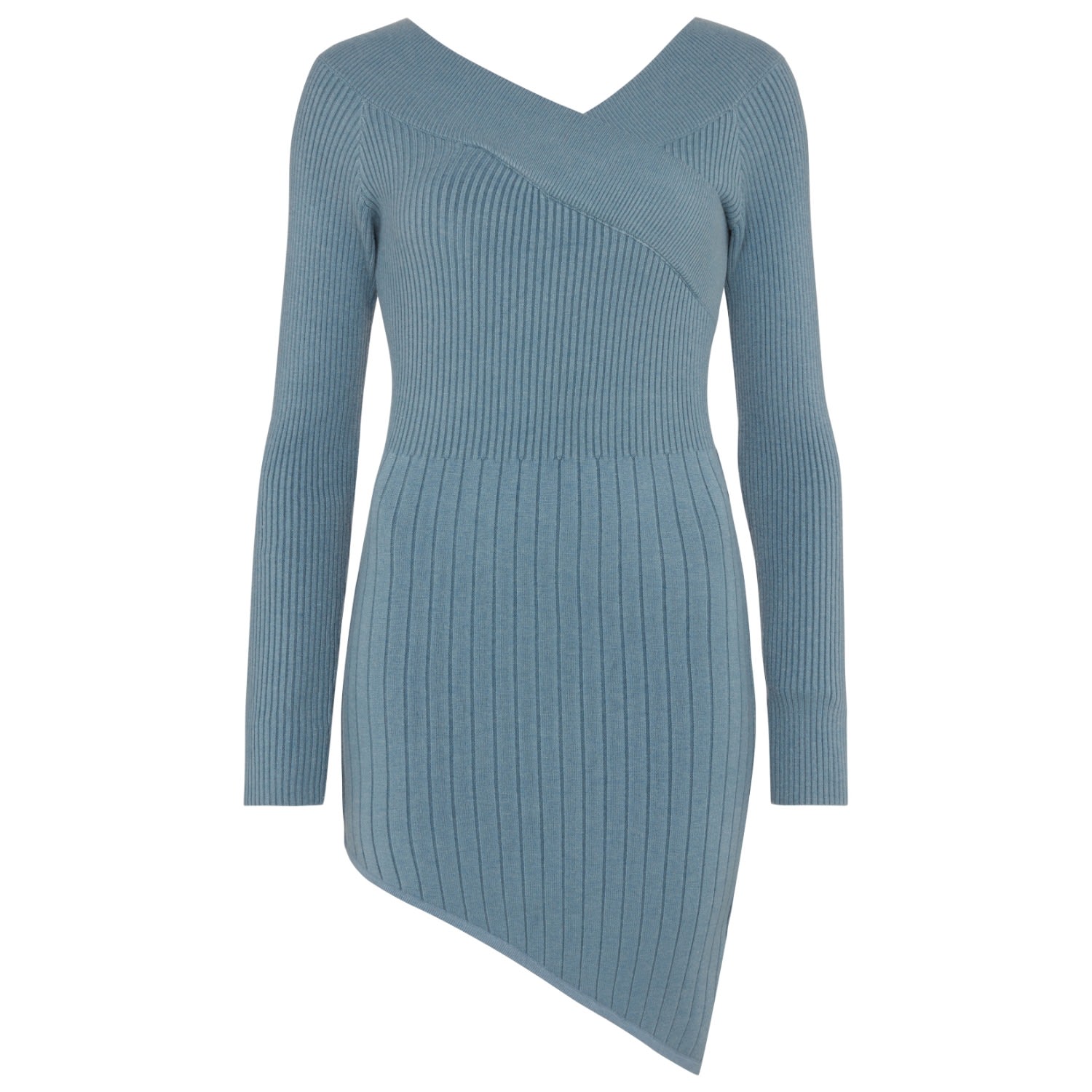 Women’s Sidney Blue Ribbed Knit Off Shoulder Asymmetric Mini Dress S/M Les Friday