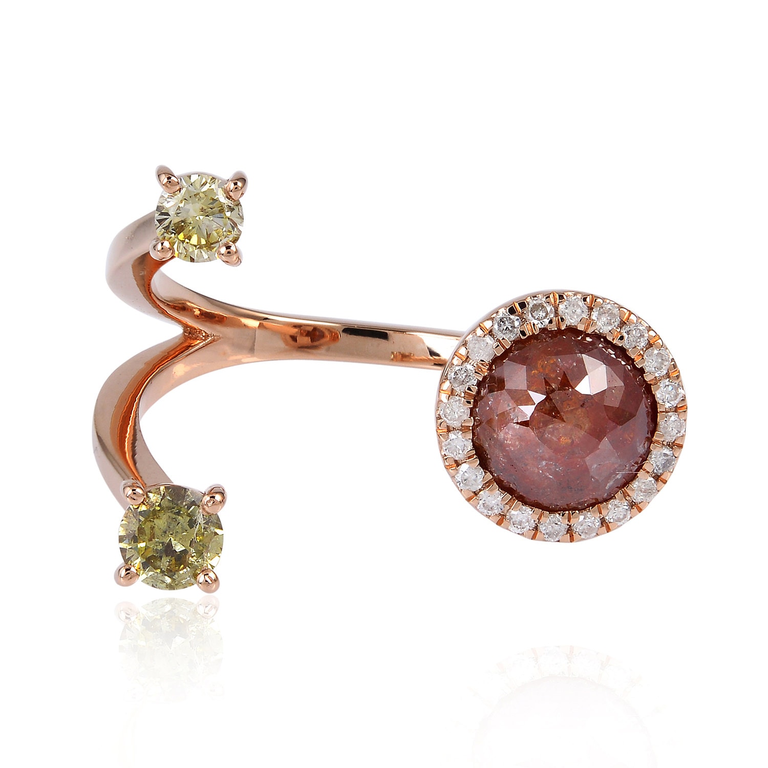 Women’s White / Green / Brown Ice Diamond Between The Finger Ring 18Kt Solid Rose Gold Artisan