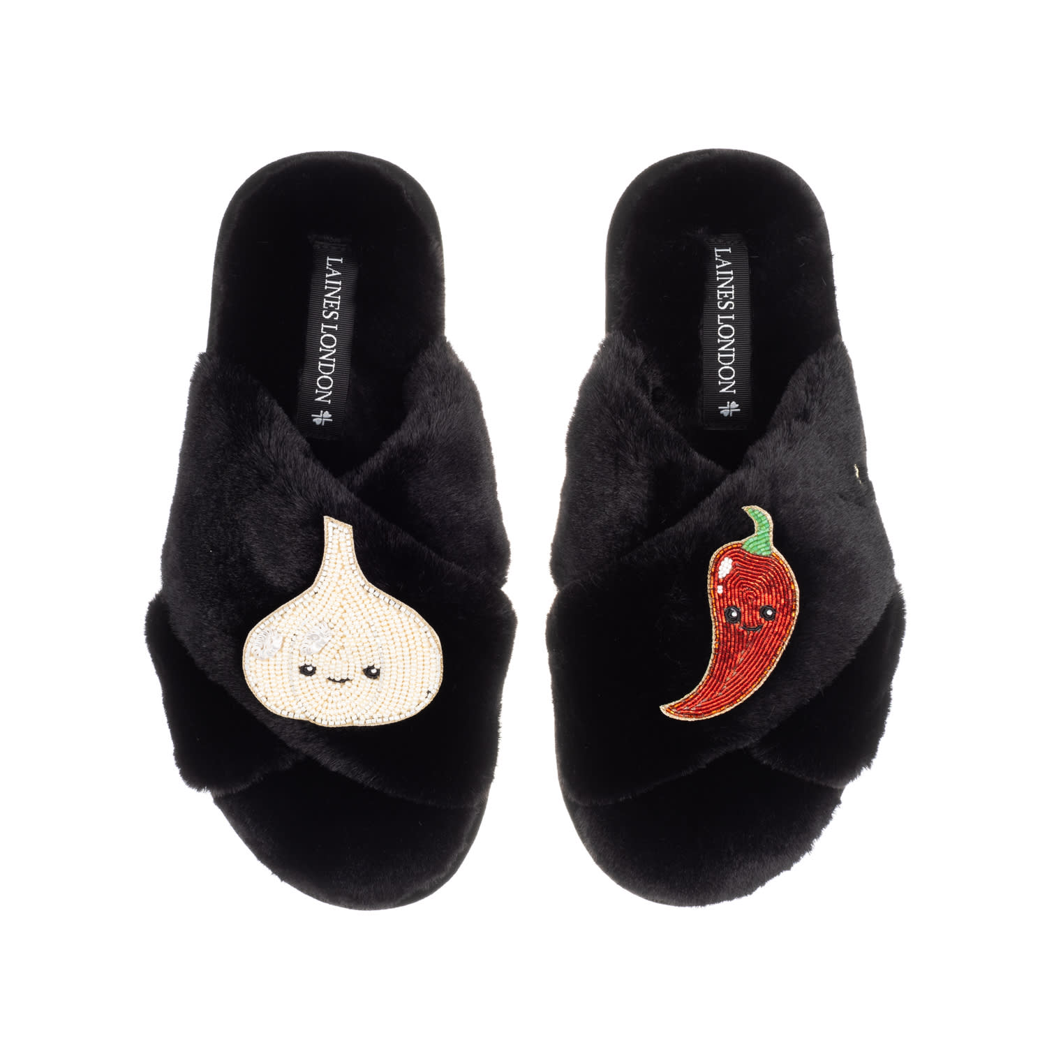 Laines London Women's Classic Slippers With Laines Loveables Garlic & Chilli Brooches - Black In Black