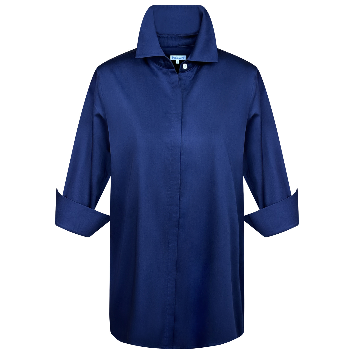 Perlavera Women's Blue Cely Navy Solid Cotton Satin Three Quarter Sleeve Length Missy Fit Shirt In Blue