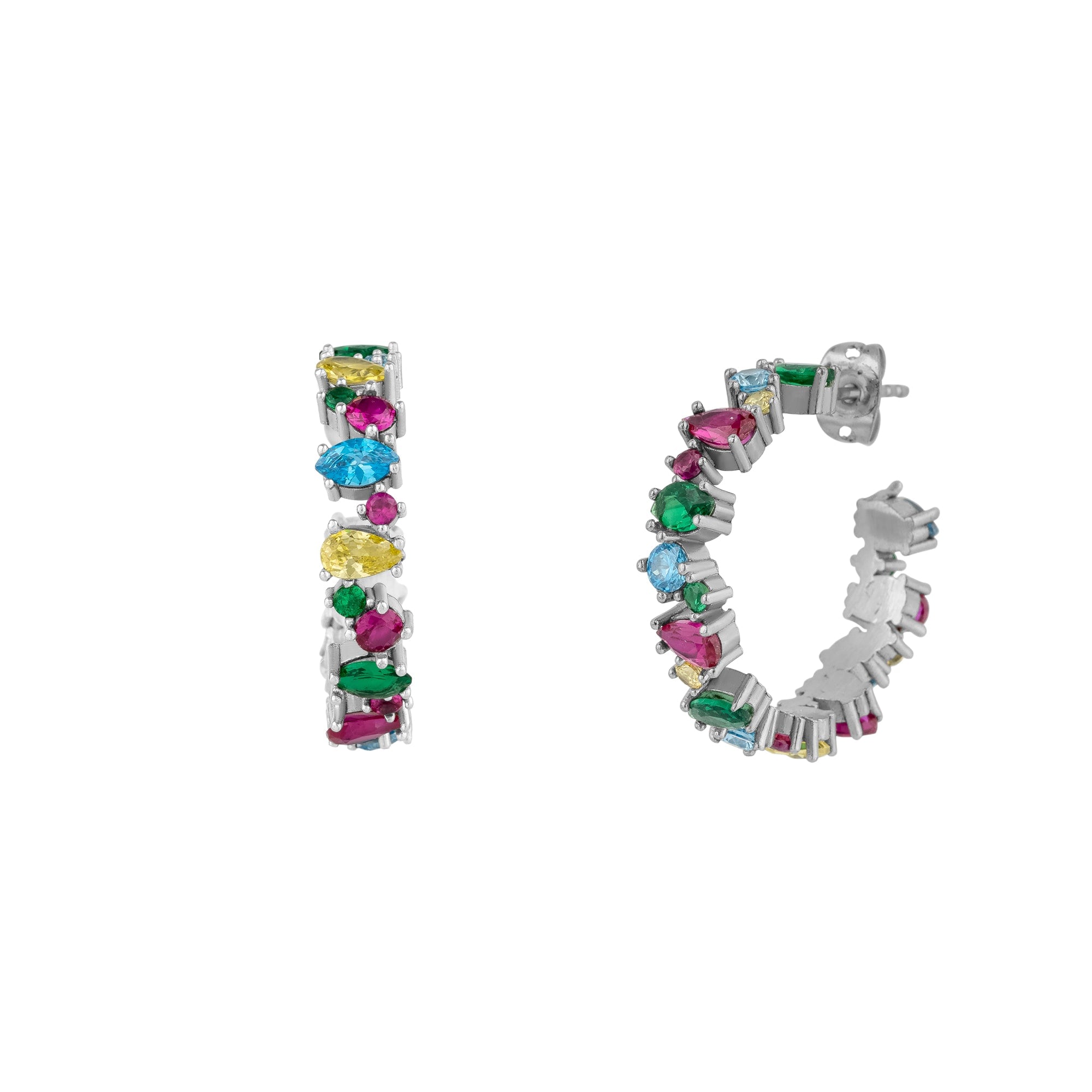 Mejoma Women's Textured Vibrant Color Silver Floral Stud Hoop Earring