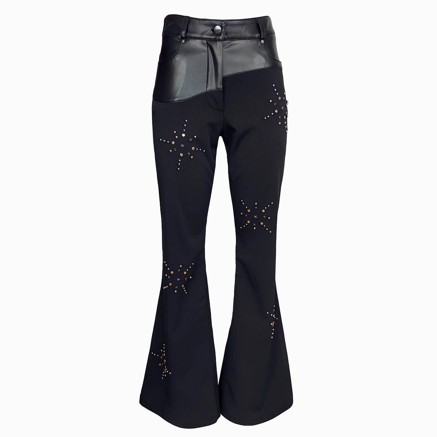 Women’s Vegan Leather Detailed Trim Flared Black Pants With Stud Embellished Stars Medium Lalipop Design