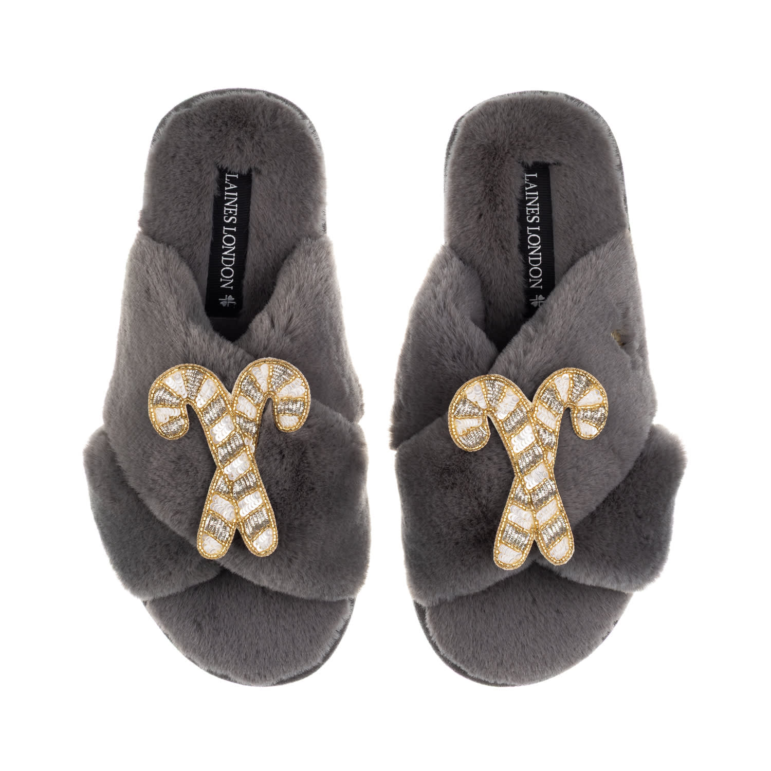 Laines London Women's Classic Laines Christmas Collection Slippers With Double Gold & Silver Candy Cane Brooches - In Gray