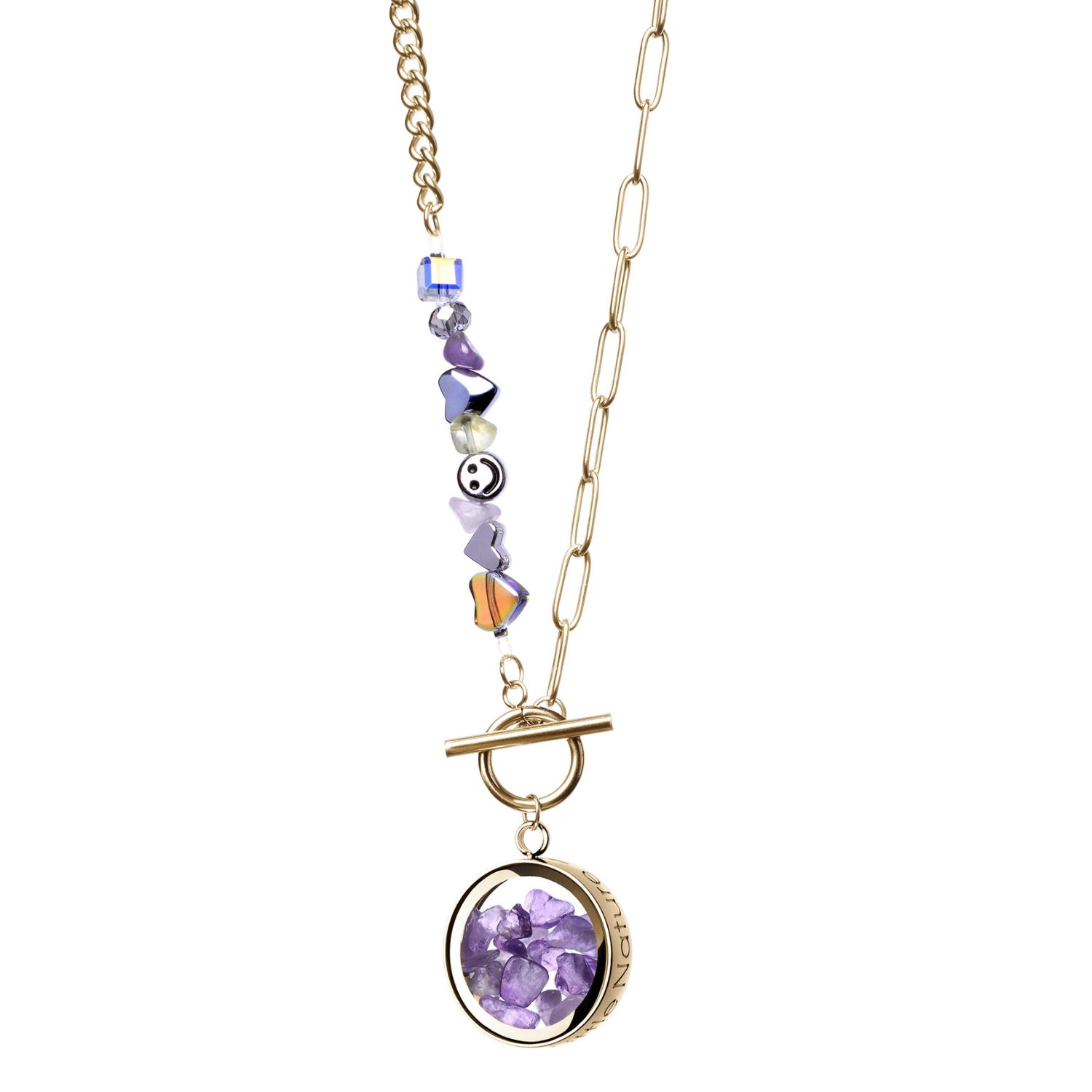 My Little Nature Women's Gold / Pink / Purple Amethyst Necklace With Joyful Beaded Gold-plated Toggle Clasp Chain – C