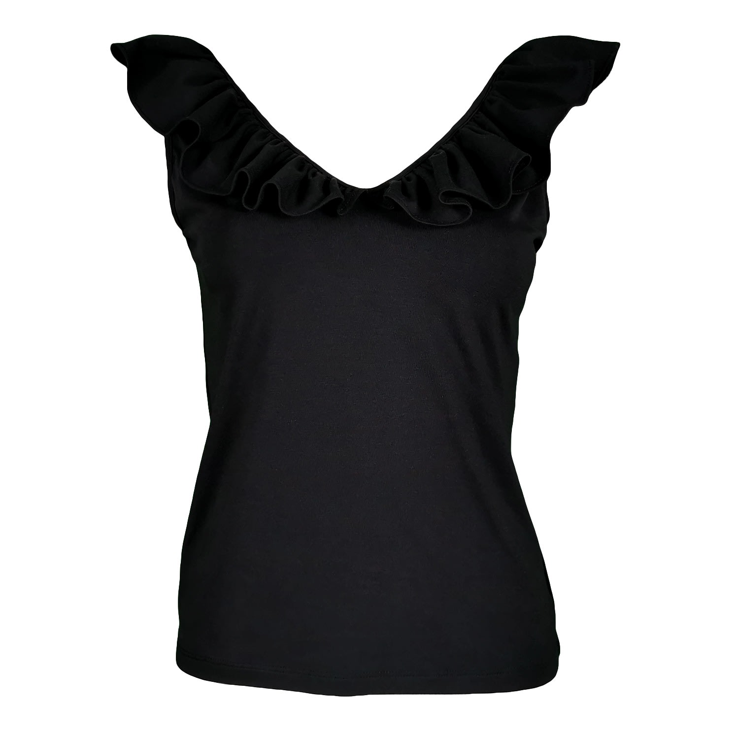 Lalipop Design Women's Sleeveless Black Blouse With Ruffled V-neck In Black